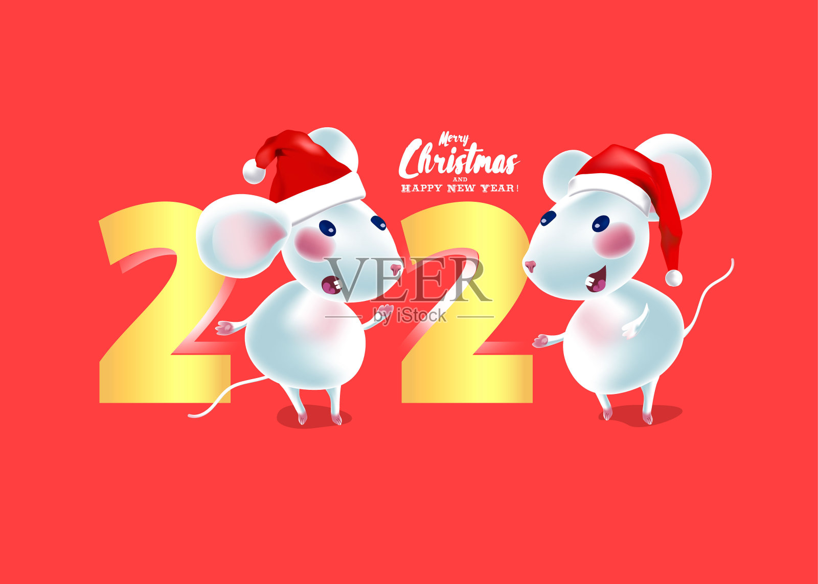 有魅力的鼠标明信片。圣诞节的简约邀请设计。2020年新年标志。插画图片素材
