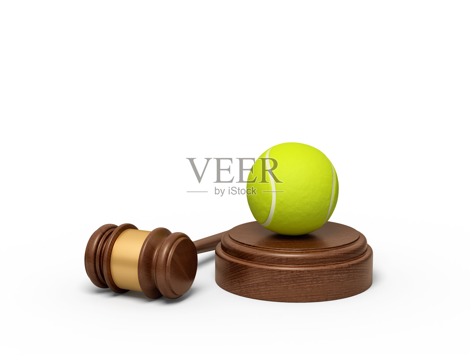3d渲染黄色网球在圆形木块和棕色木槌照片摄影图片