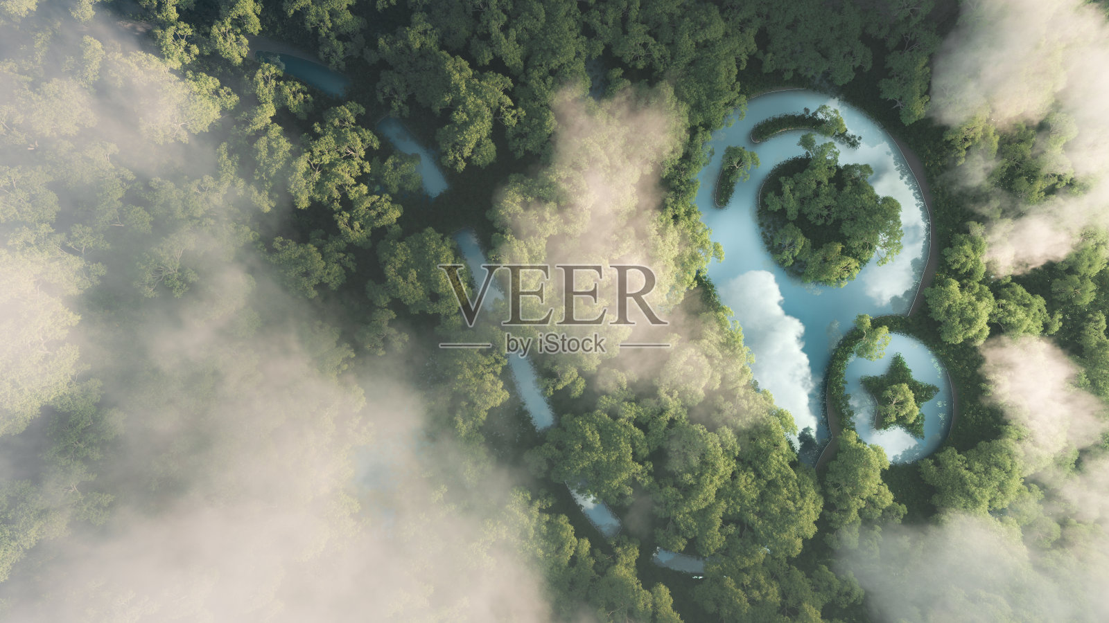 生态旅游的概念。3d渲染的密雾亚马逊雨林与地图点标志在池塘的形状。照片摄影图片