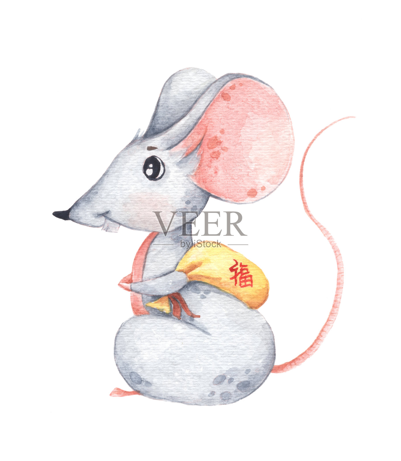 小老鼠带着小黄包，生肖象征新年。祝你好运。插画图片素材