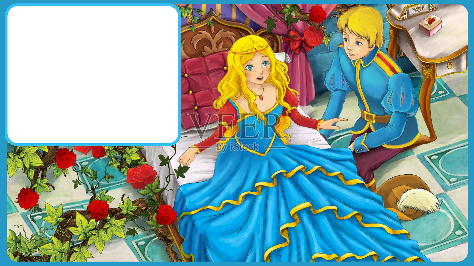 卡通童话场景与公主在城堡-与框架为文本插画图片素材