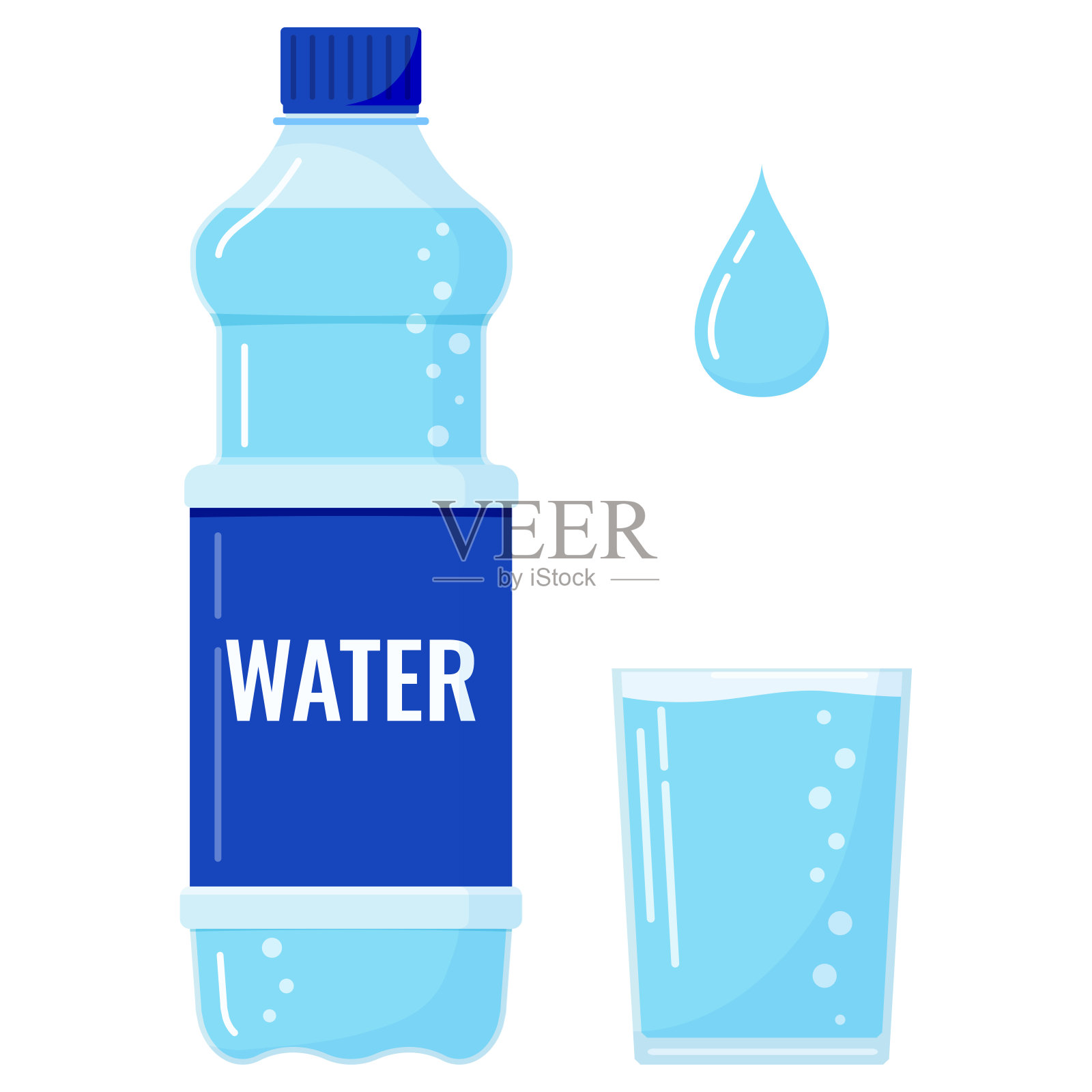 塑料瓶水与气泡，满杯水和水滴图标设置孤立的白色背景。插画图片素材