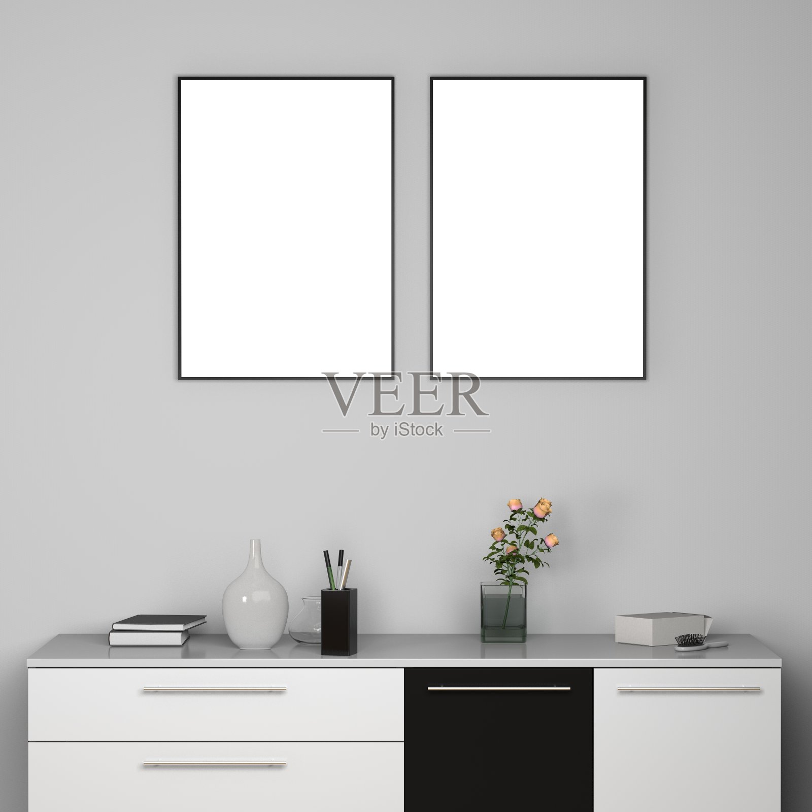 两个空的黑色框架垂直放置在墙上，创意风格的室内桌子上有不同的配件，3D渲染，正面视图照片摄影图片