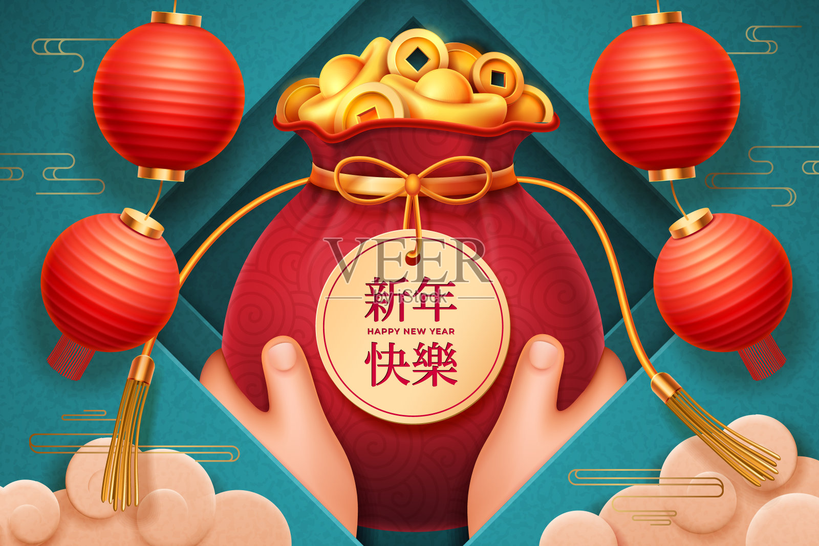 中国新年贺卡，载体中国传统节日庆祝符号。手用红色麻袋装着金币和金块，过年纸灯笼，金云图案背景设计模板素材