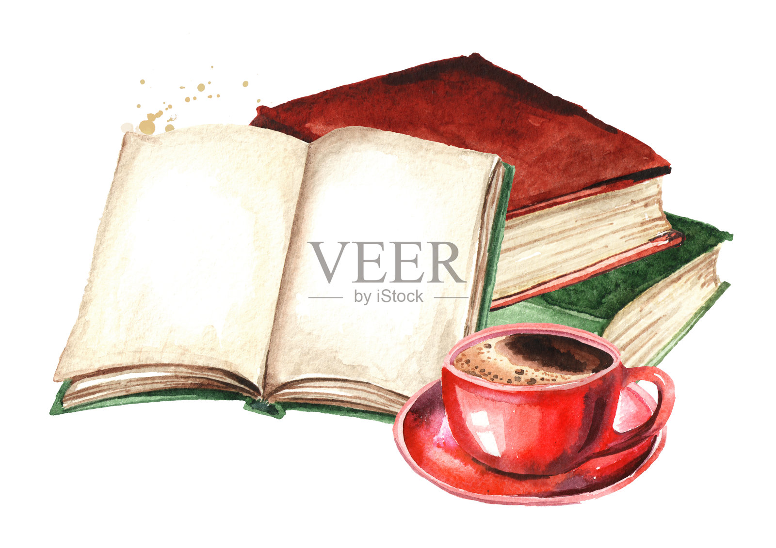 旧书和一杯咖啡。水彩手绘插图，孤立的白色背景插画图片素材