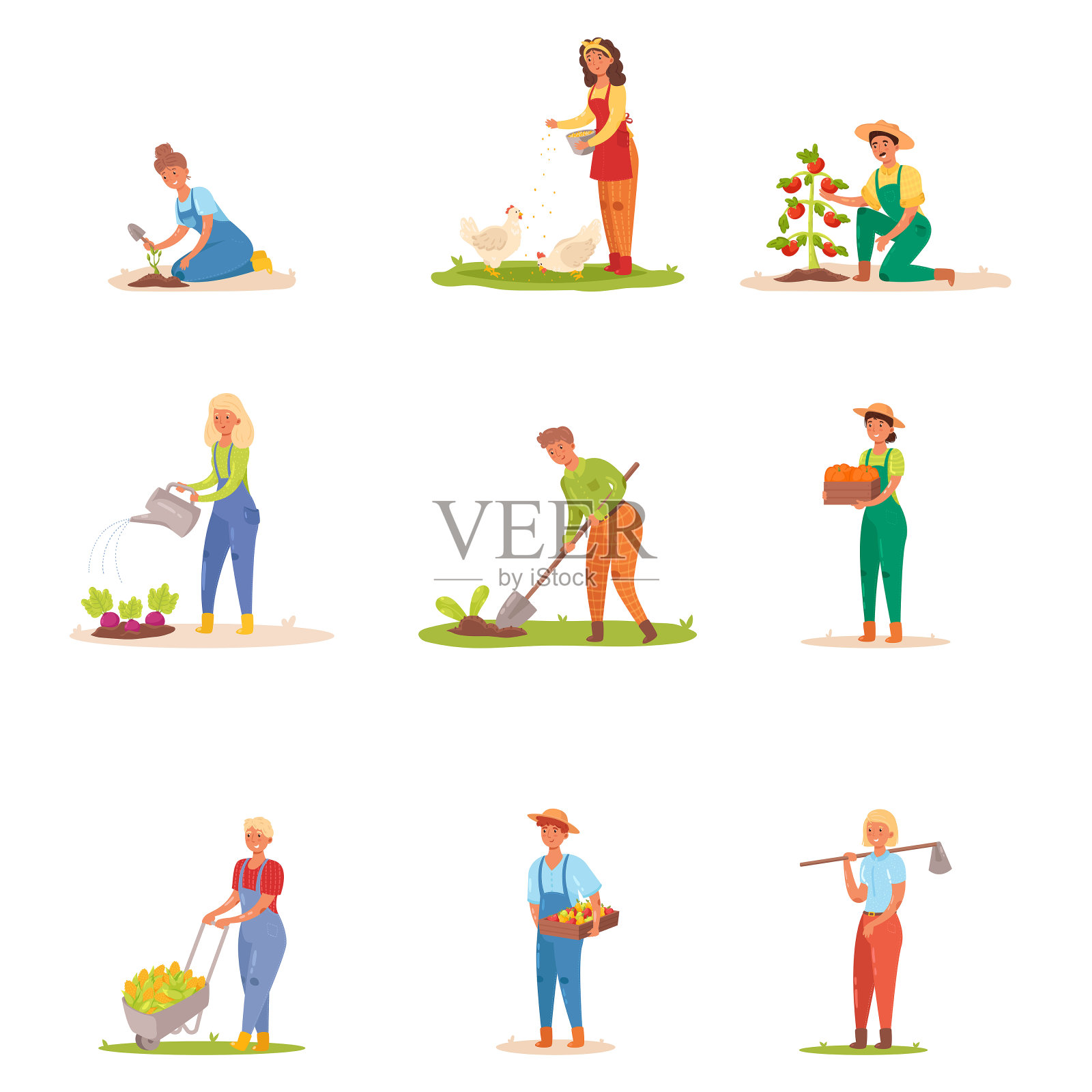 一群在农场工作的园丁。矢量插图在平面卡通风格。插画图片素材