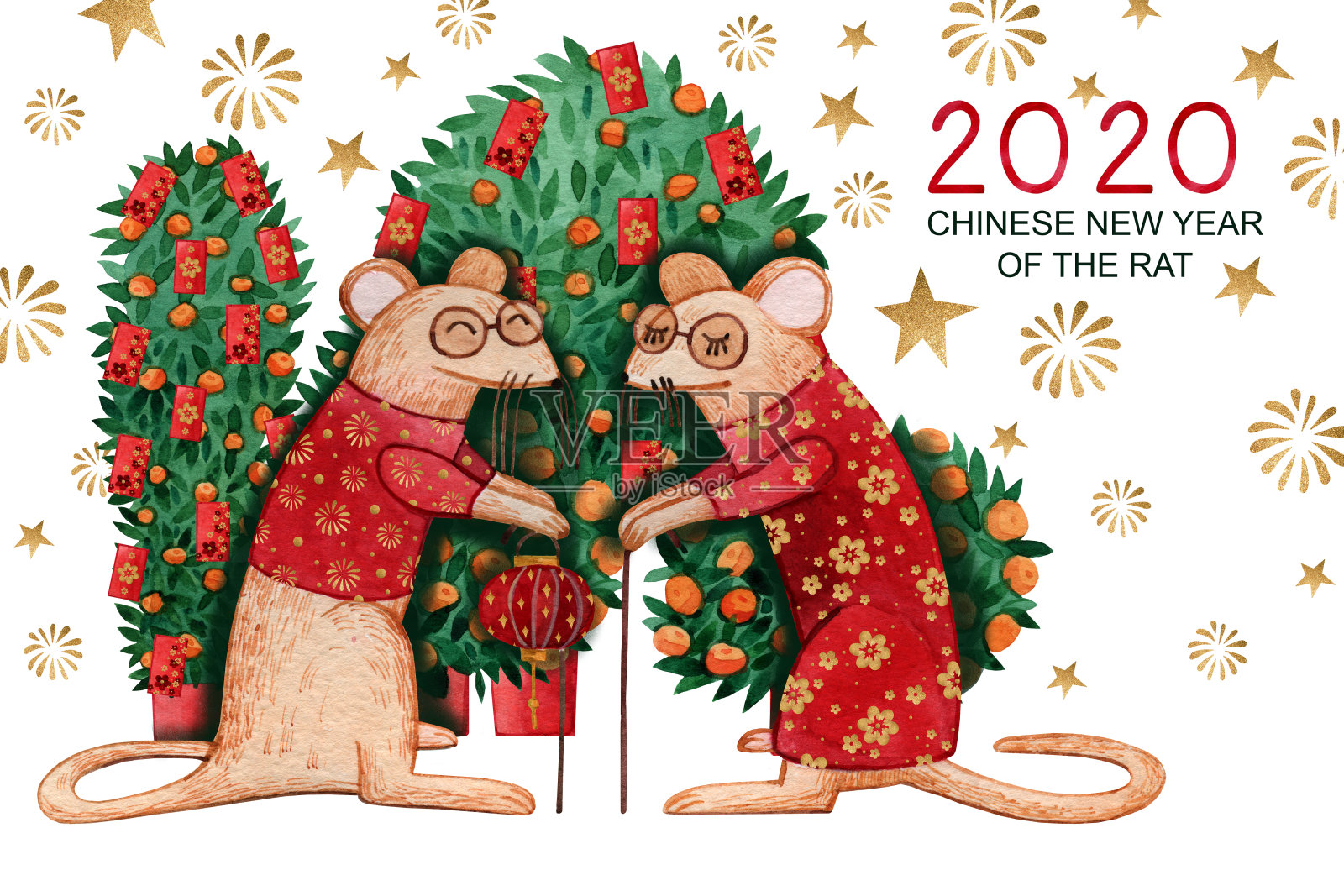 水彩画的2020年中国新年贺卡上有一对老鼠。手绘的爷爷和奶奶穿着红色的衣服，手里拿着灯笼。橘树和红信封插画图片素材