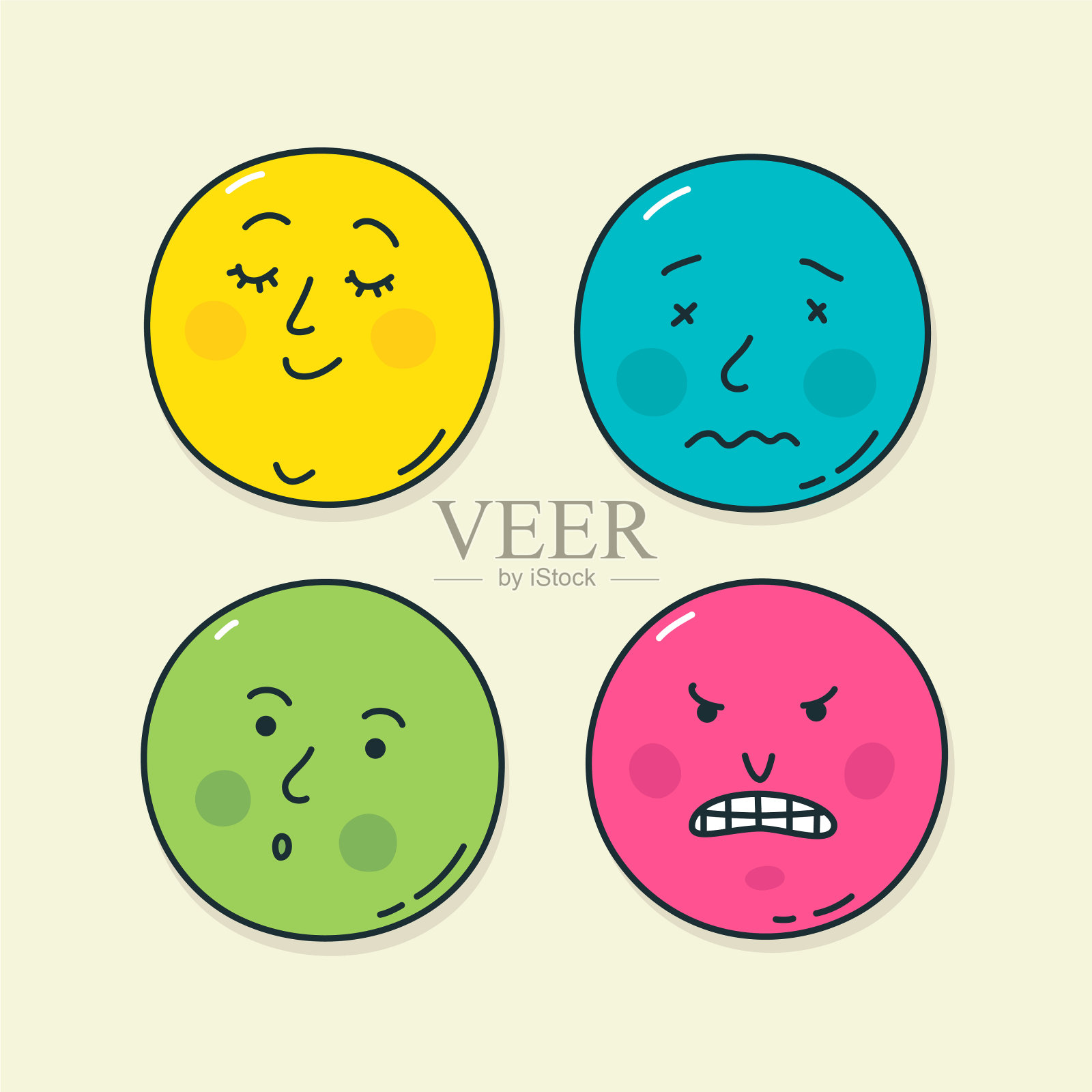 四个非常流行的表情。情绪状态的说明。网站和标签的图标。卡哇伊Emoji。胖乎乎的表情贴纸。插画图片素材