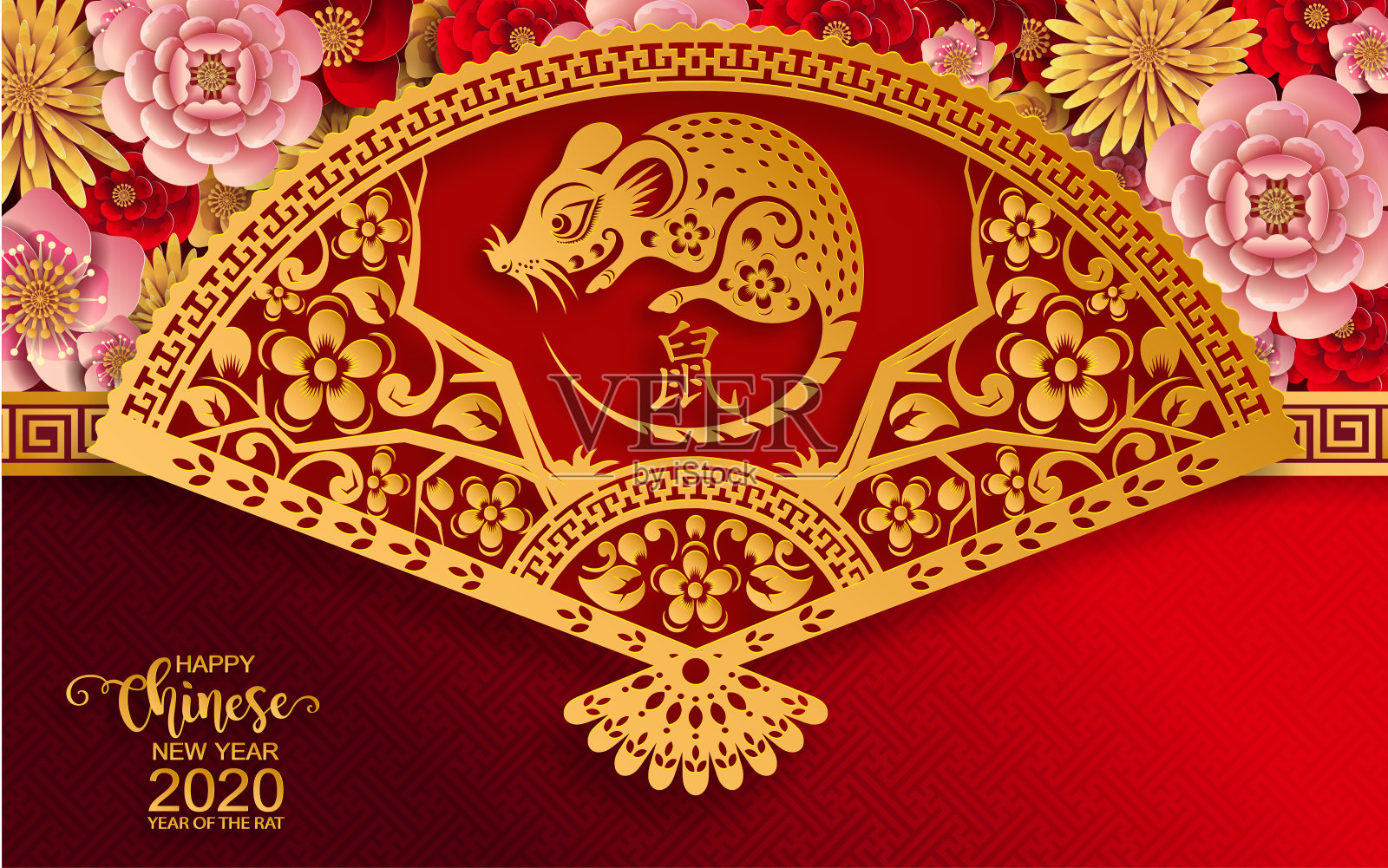 快乐的中国新年2020生肖与金老鼠剪纸艺术和工艺风格的颜色背景。(中文翻译:鼠年)插画图片素材