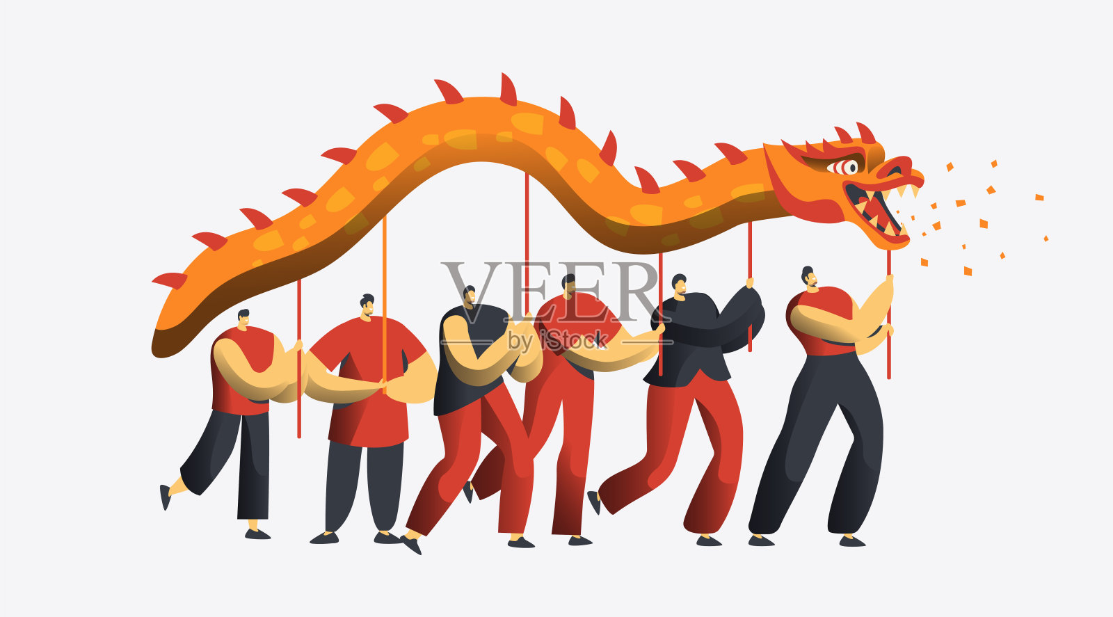 中国新年舞龙游行。亚洲农历假期人们在节日聚会上的性格被隔离为邀请卡。快乐的人庆祝概念的明信片平面卡通矢量插图插画图片素材