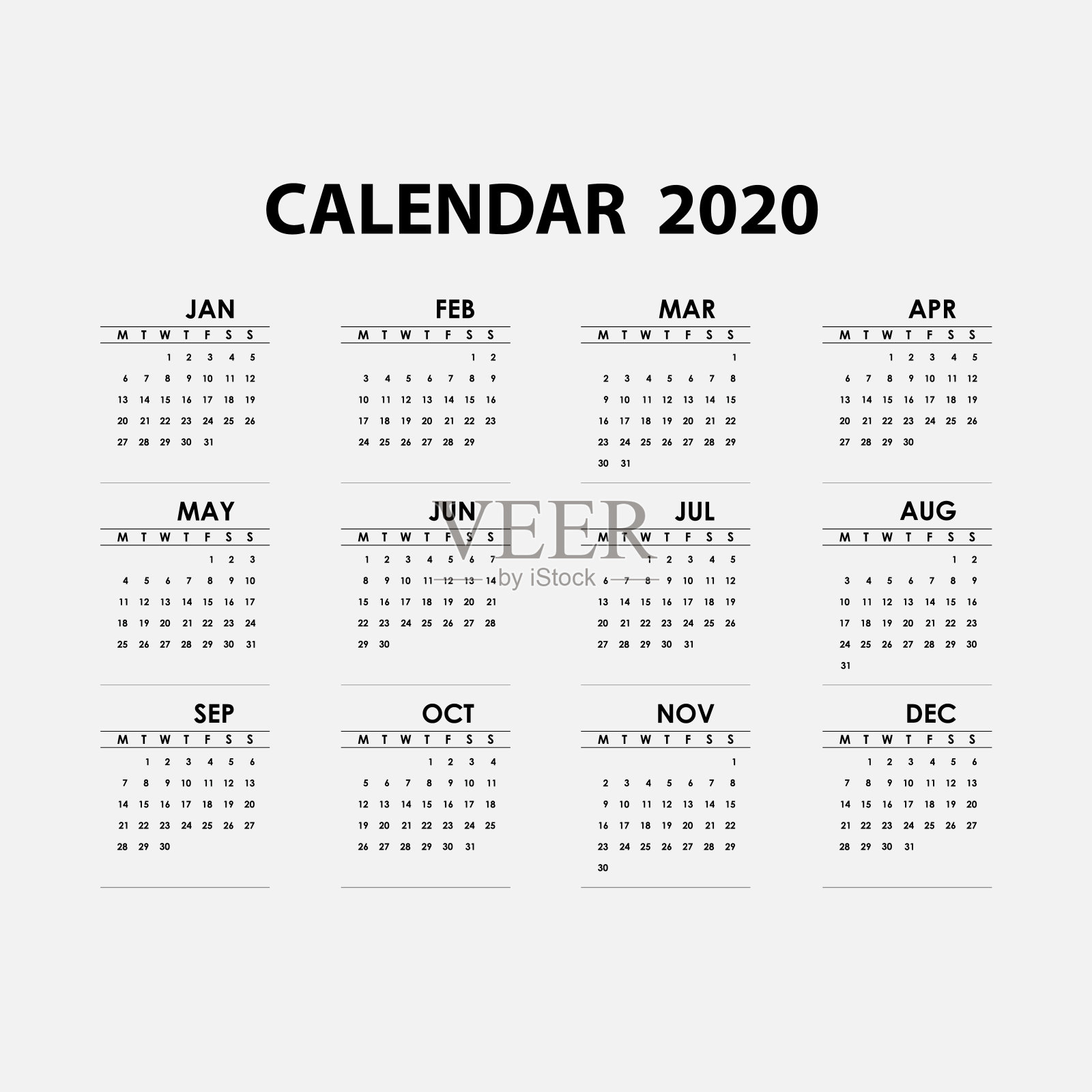 2020年日历模板。日历2020套12个月。年历矢量设计文具模板。矢量插图。设计模板素材