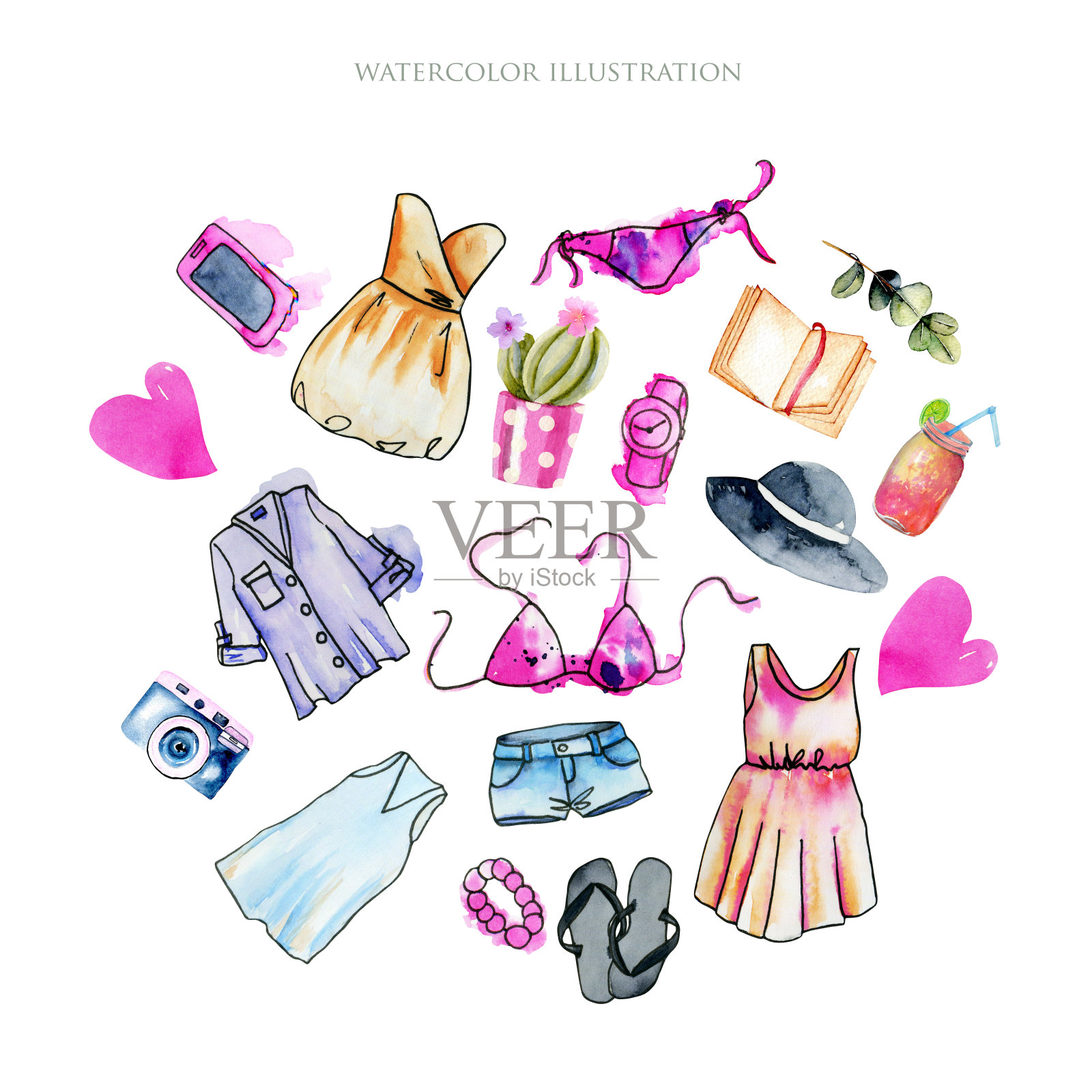 水彩女性夏季服装和配件插图收集，手绘孤立在白色背景上插画图片素材