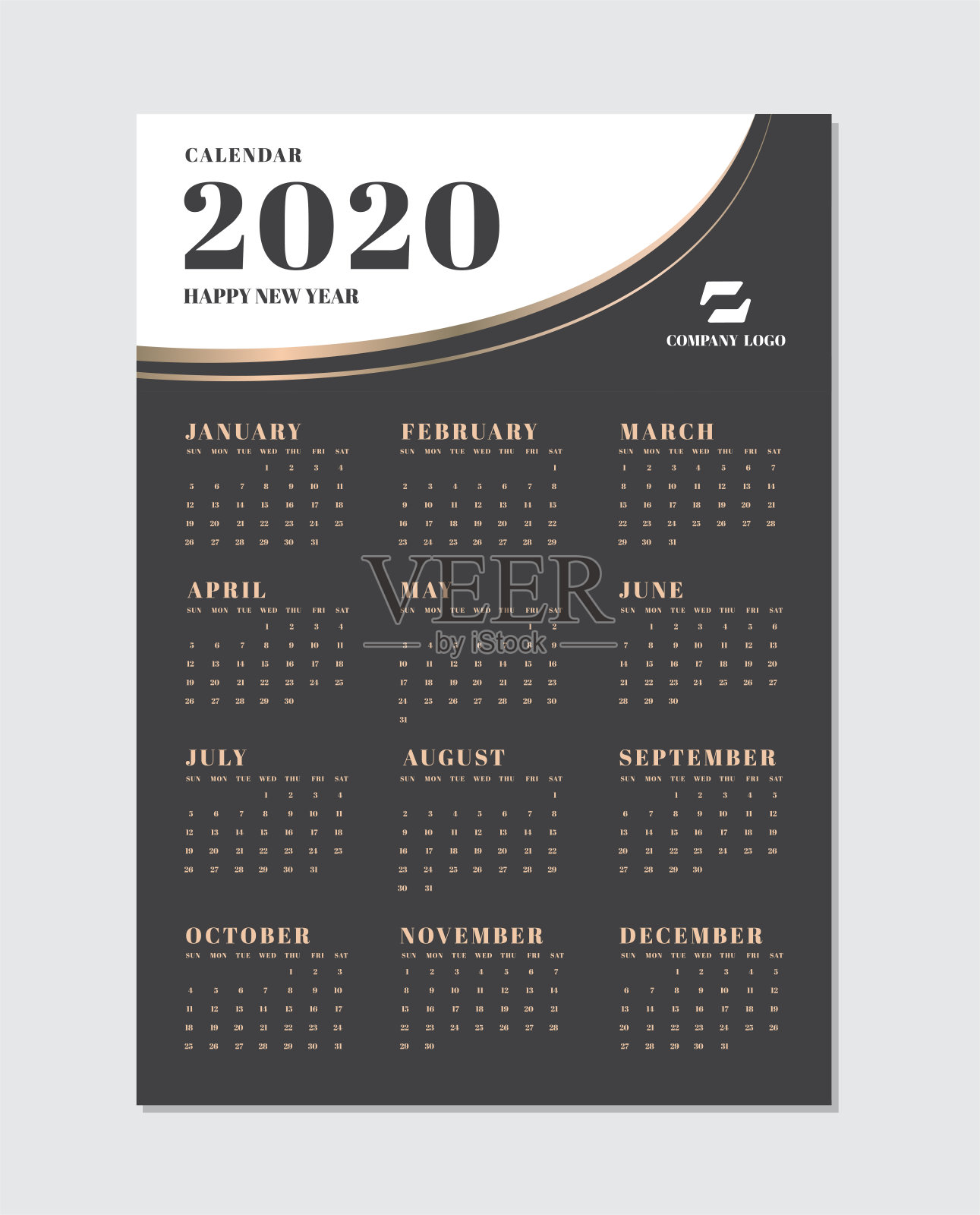 2020年的日历计划器模板。现代设计。矢量图设计模板素材