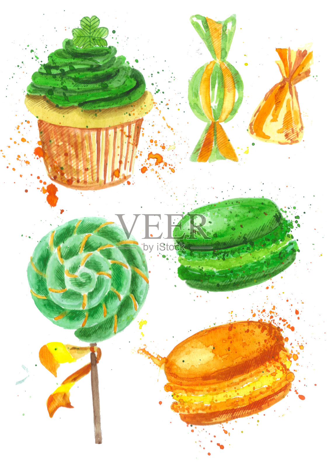 白色背景上的圣帕特里克节纸杯蛋糕，杏仁饼干，绿色和橙色糖果插画图片素材