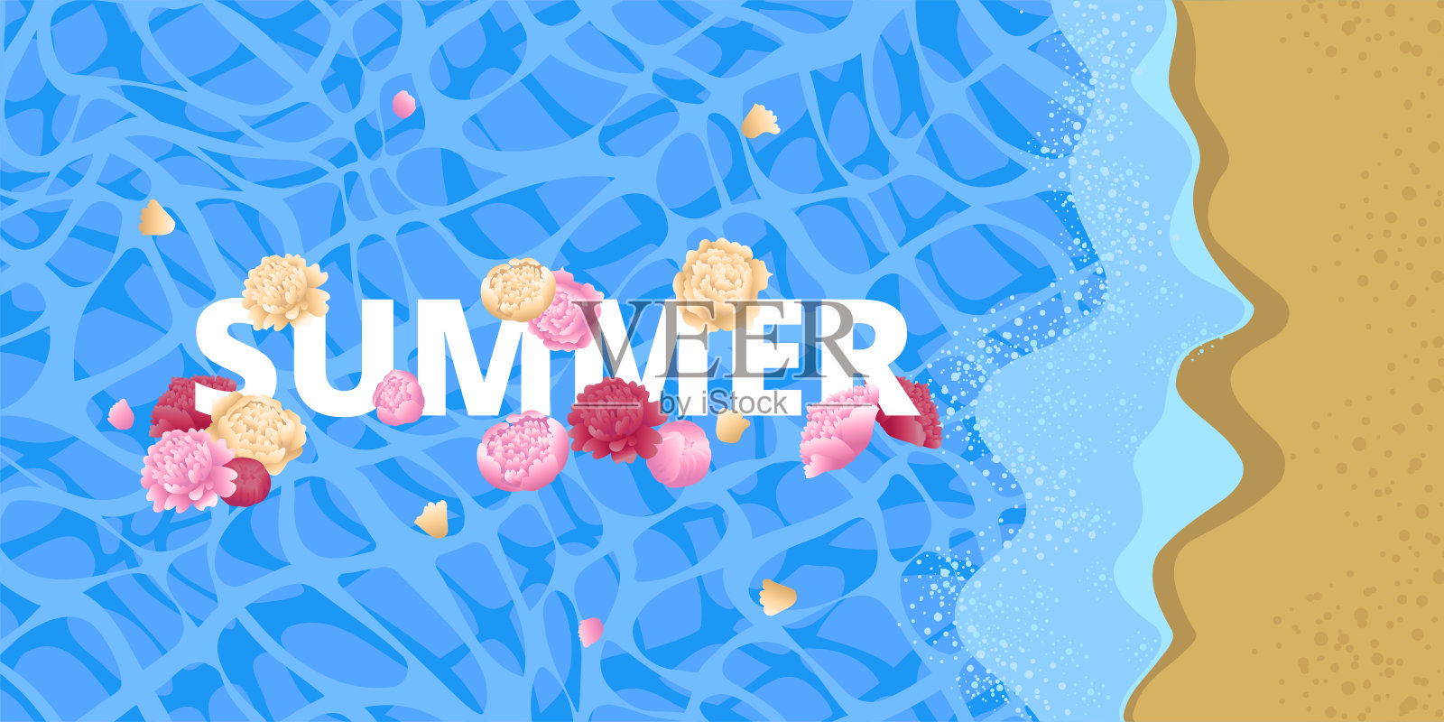 题词夏天的背景蓝色的水的大海。花一个浮动。背景及题词设计设计元素图片