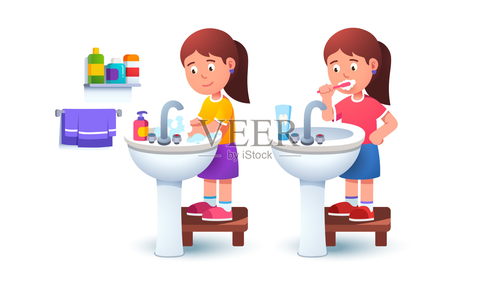 小女孩手持牙刷站在洗手盆水槽前，独自站在小凳子上洗手刷牙。孩子早上洗澡的例行程序。平面向量插图插画图片素材