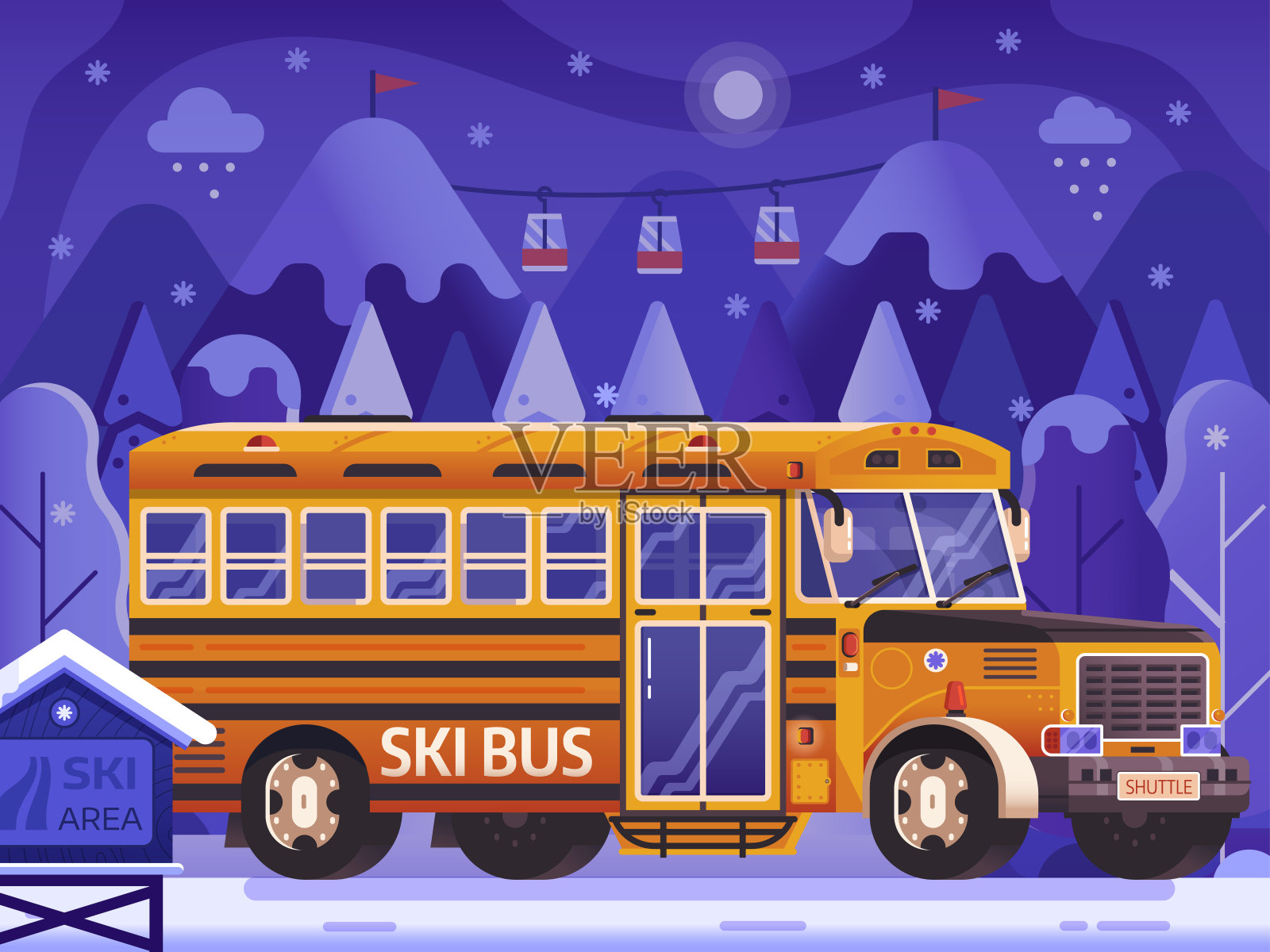 冬季背景黄色滑雪巴士穿梭插画图片素材