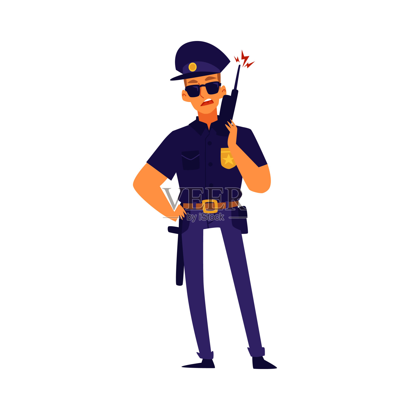 一名警察在一个黑色制服与武器平面矢量插图孤立。插画图片素材