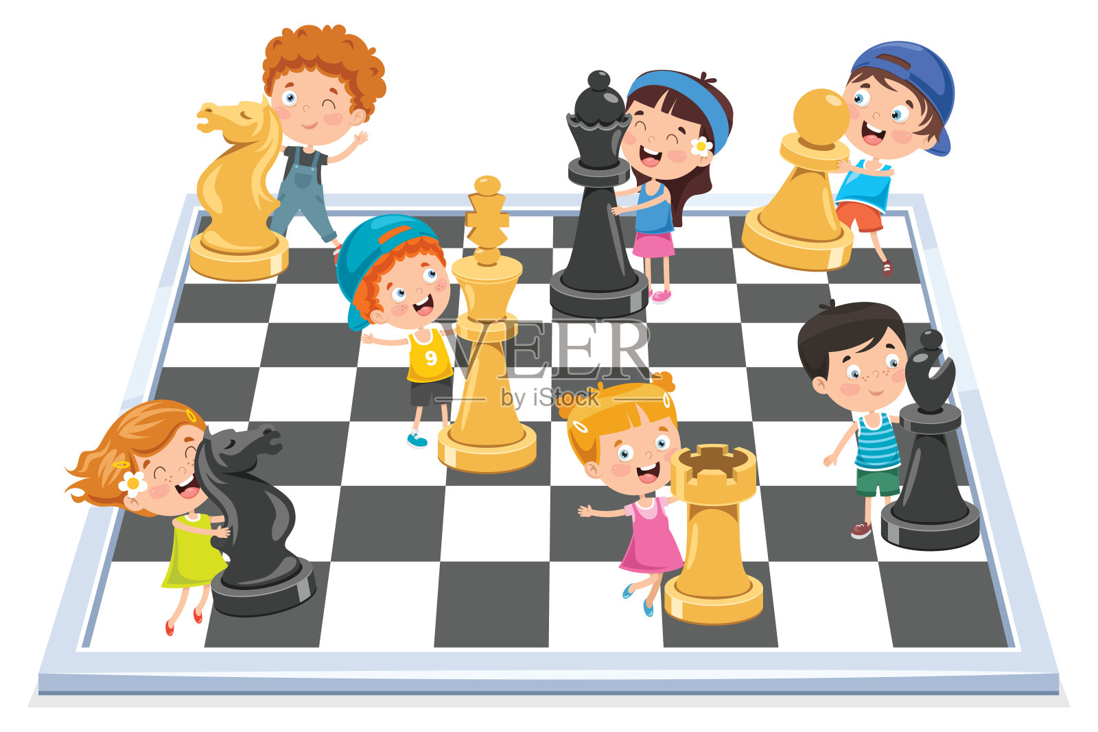 卡通人物下棋游戏插画图片素材