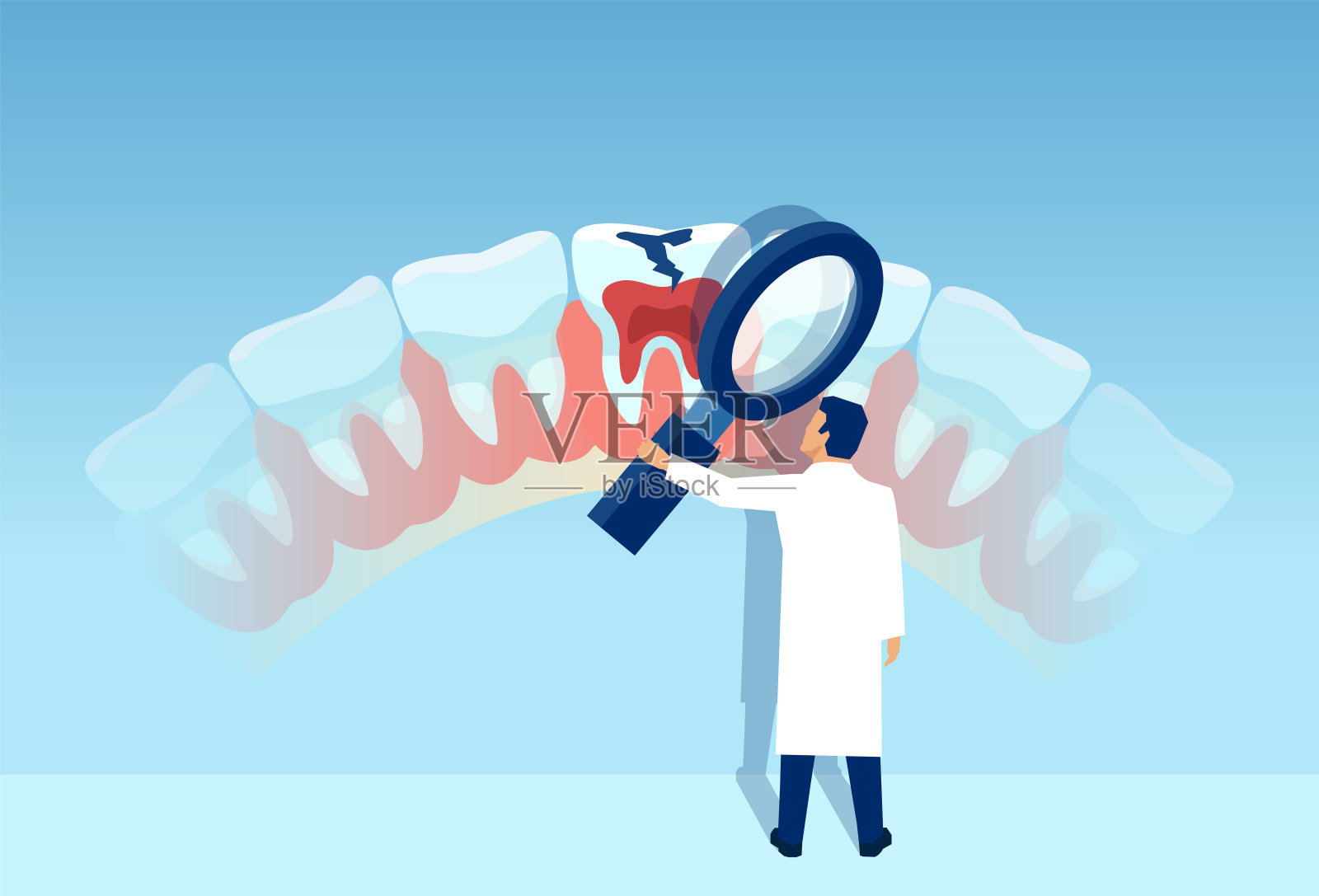 牙科医生用放大镜检查有蛀牙问题的牙齿插画图片素材