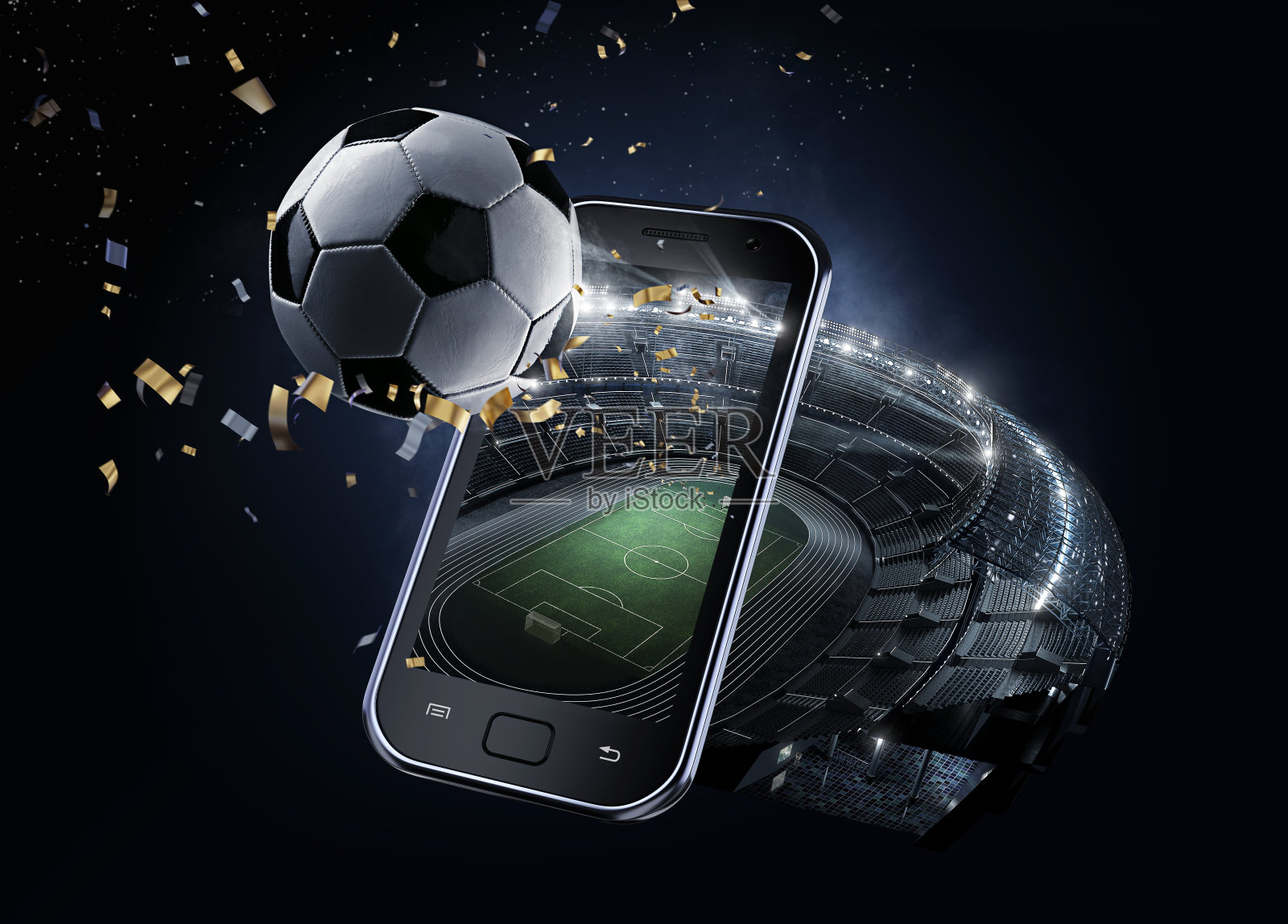 运动背景。#d渲染足球场。从手机查看。在星空前踢足球。孤立在黑色。照片摄影图片