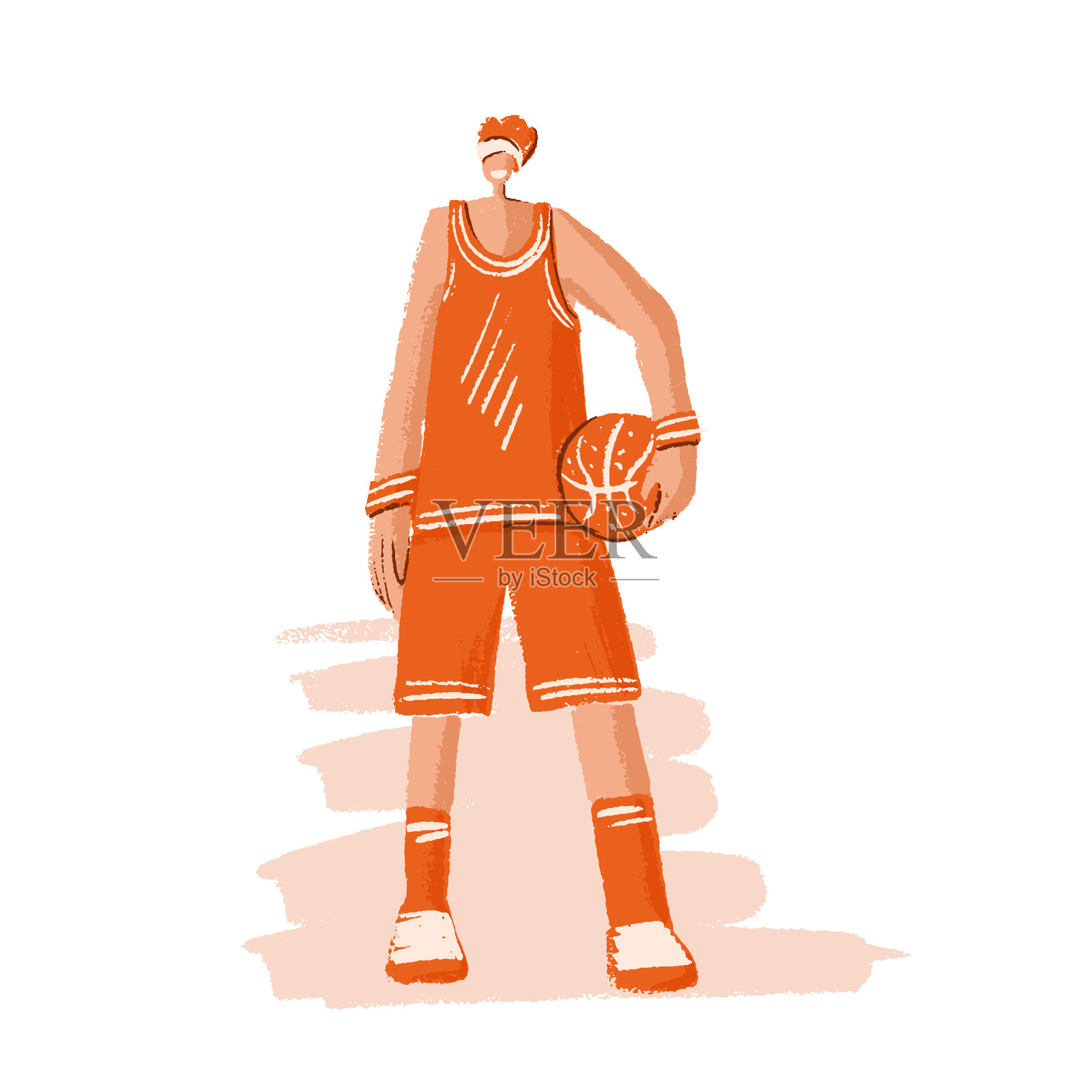 矢量素描手绘插图的运动员在运动橙色制服，站在篮球，孤立在白色的背景。职业篮球运动员插图，手绘风格插画图片素材