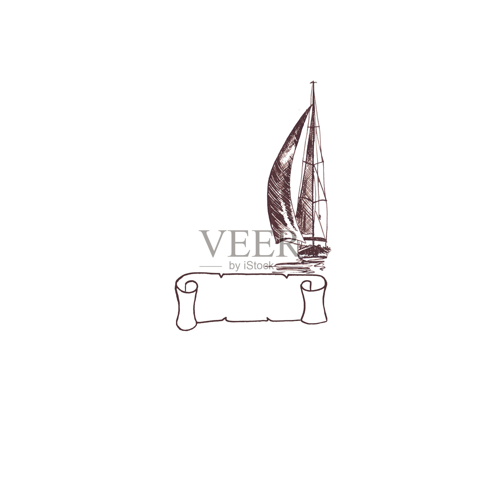 游艇帆船古董古董与丝带框架旋涡棕色墨水手绘设计元素图片
