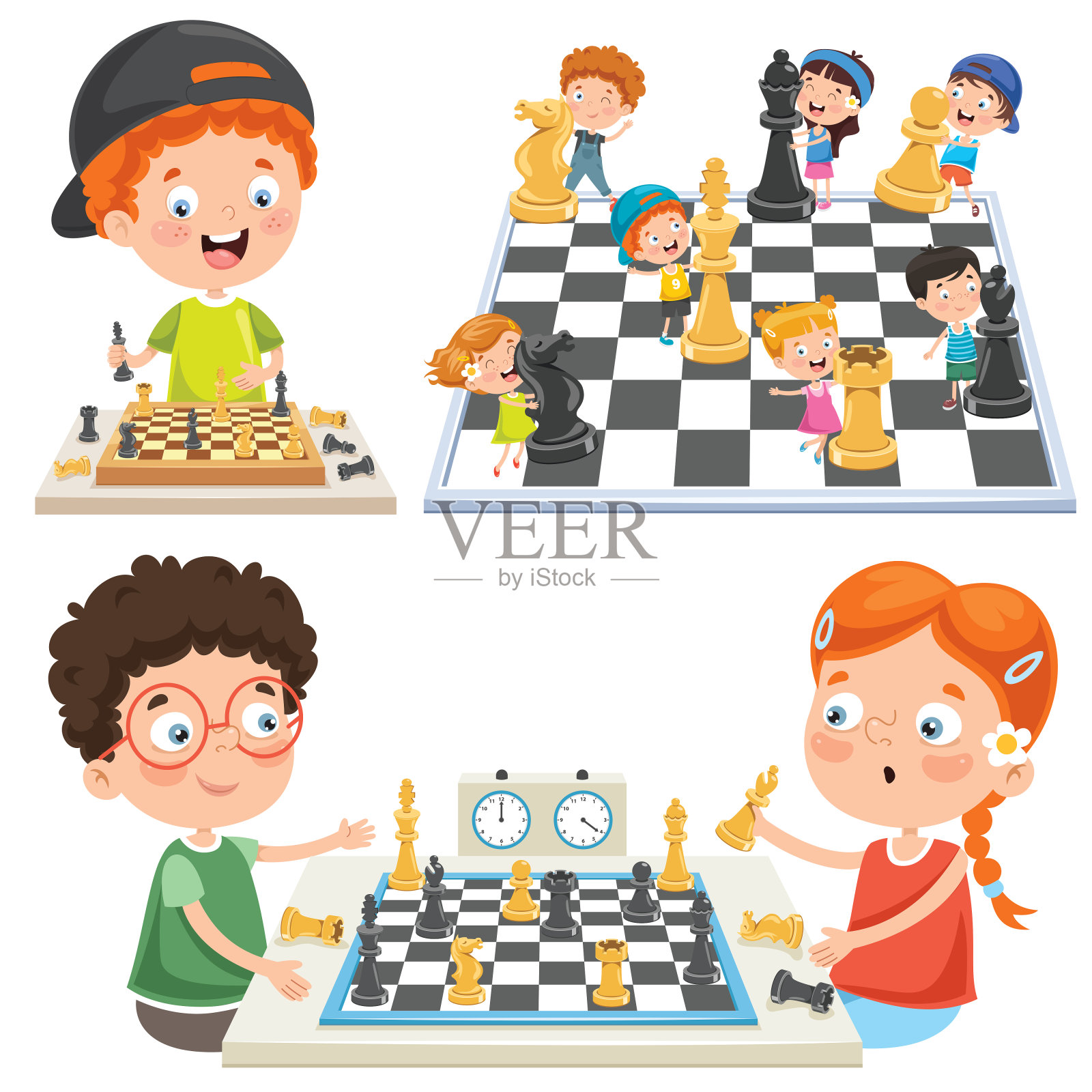 儿童下棋的收藏插画图片素材