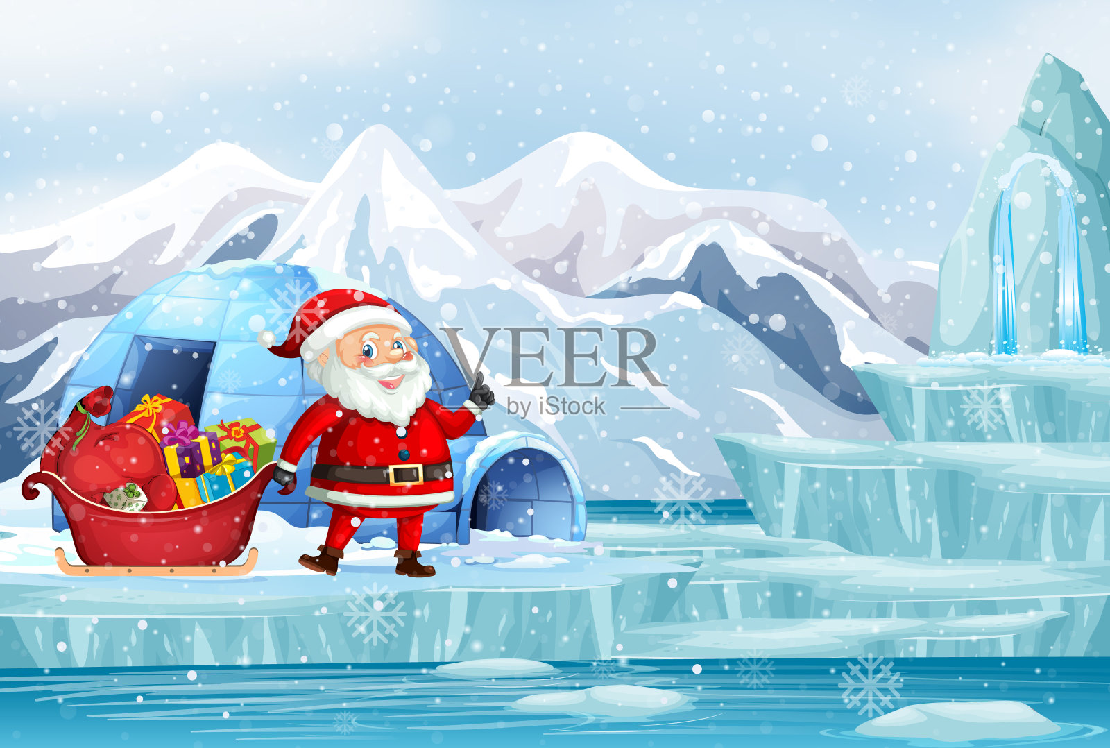 圣诞老人在北极的圣诞场景插画图片素材