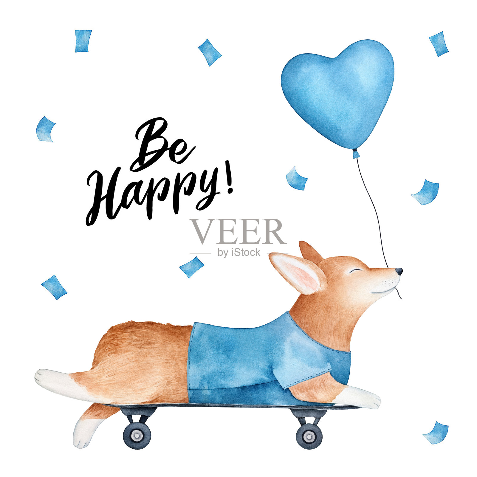 可爱的威尔士柯基犬，穿着蓝色的t恤，用英语表达:“快乐”。水彩画在白色。方形插图，卡片，横幅，印刷，海报。插画图片素材