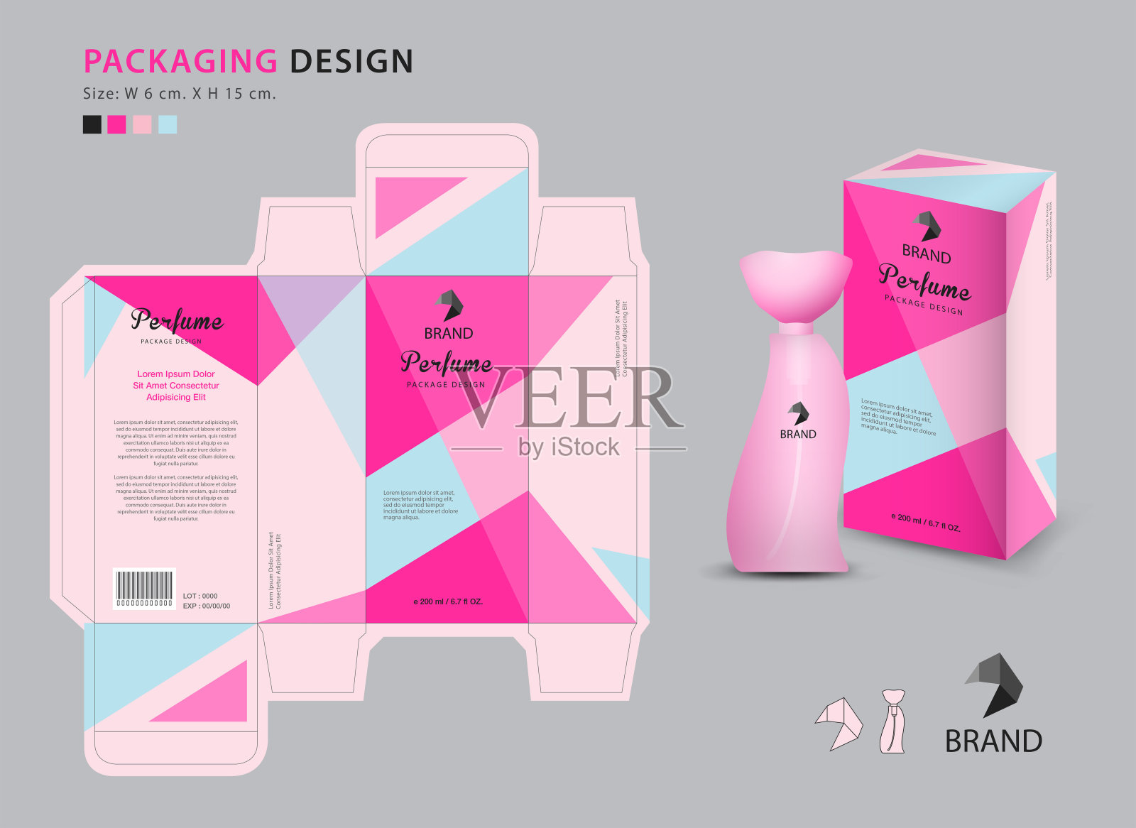 包装香水模板，3d盒，产品设计创意化妆品模板，瓶子，粉色多边形图形概念，时尚矢量插图插画图片素材