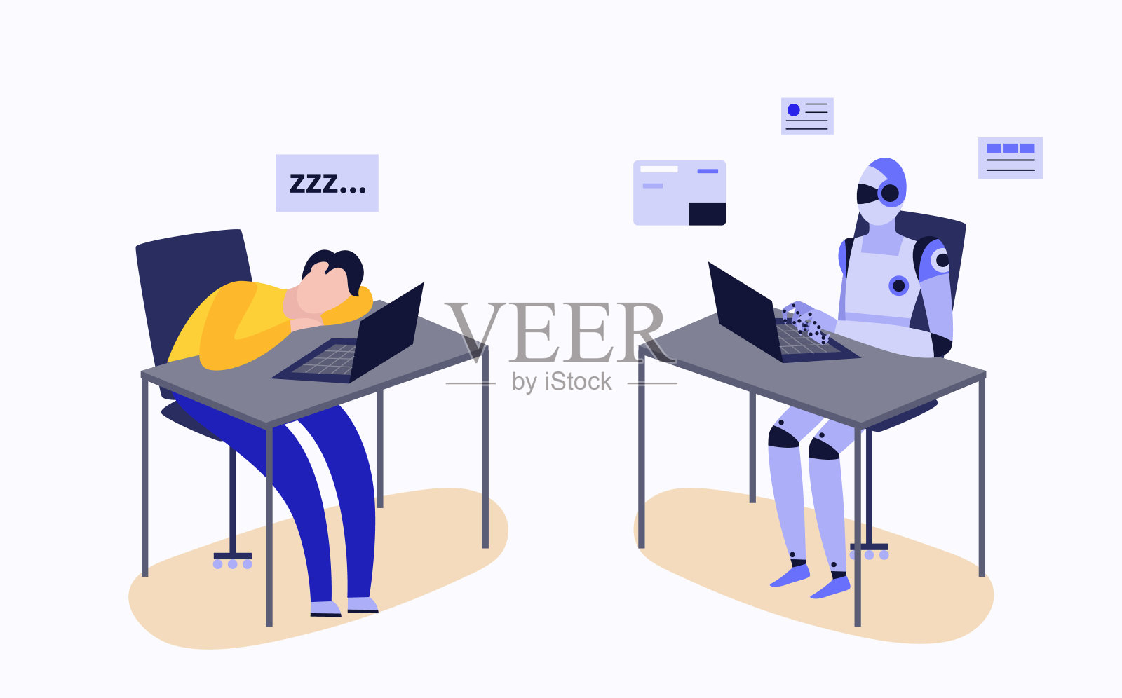 人类和机器人在笔记本电脑桌前工作，疲惫的人和高效的半机械人插画图片素材