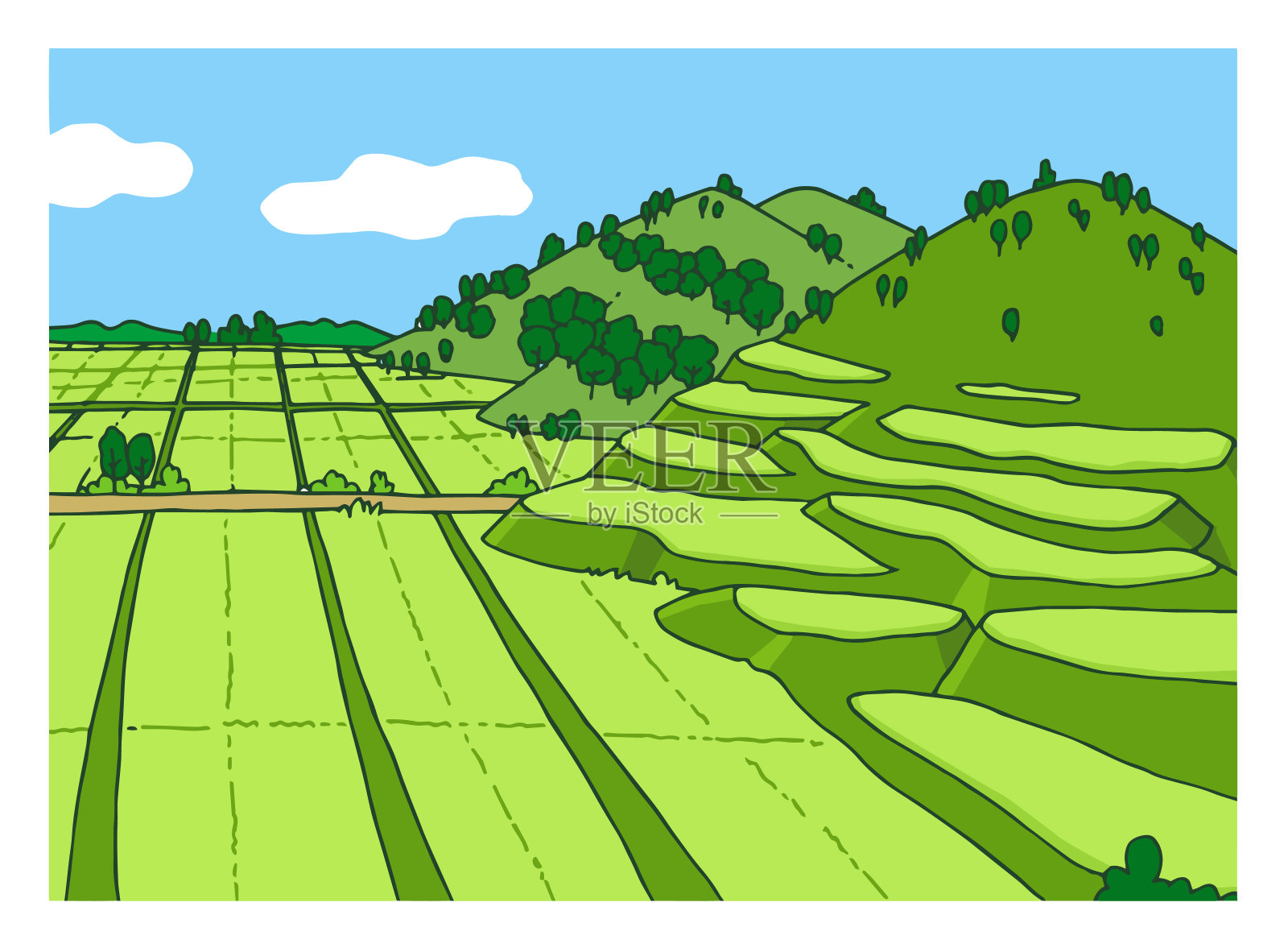 有山和田野的景观插画图片素材