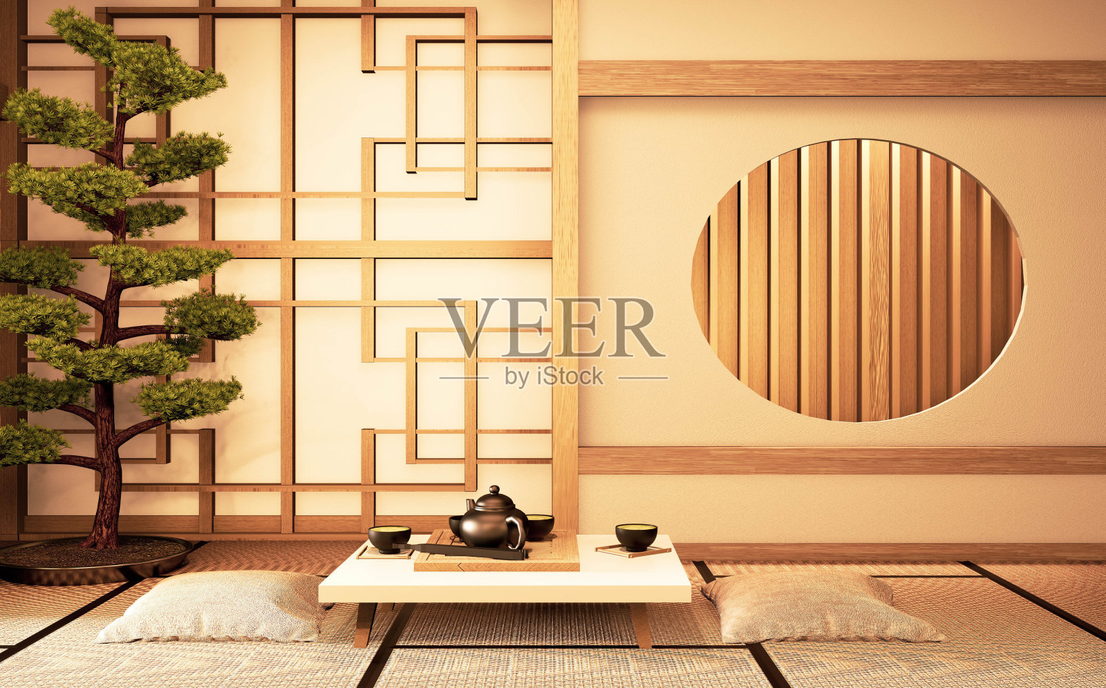 中式室内以圆窗木制设计理念的房间日本和榻榻米垫。3D渲染照片摄影图片