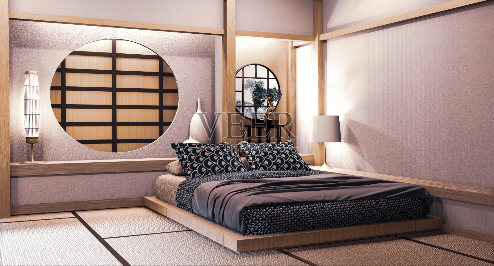 卧室上的圆窗日式墙设计日式风格。三维渲染照片摄影图片