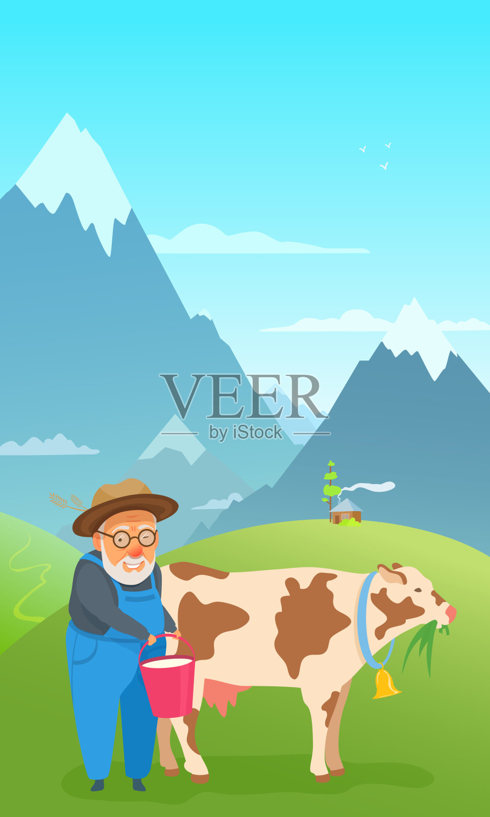一个快乐的老人和一只正在咀嚼的牛站在夏日的草地上。插画图片素材
