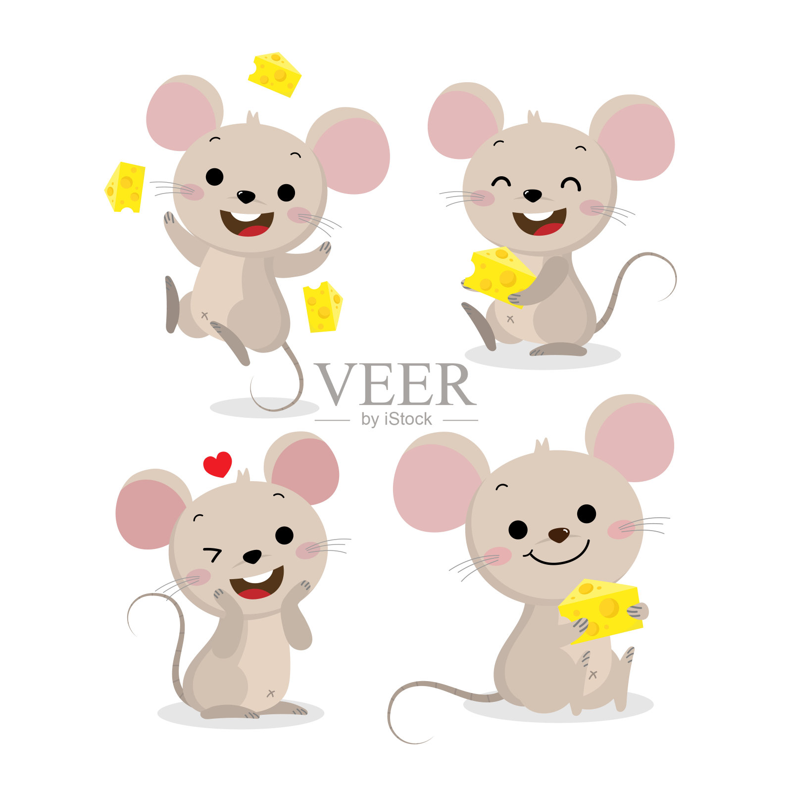 可爱的老鼠和奶酪向量集。有食物的小老鼠。动物野生动物卡通人物。设计元素图片