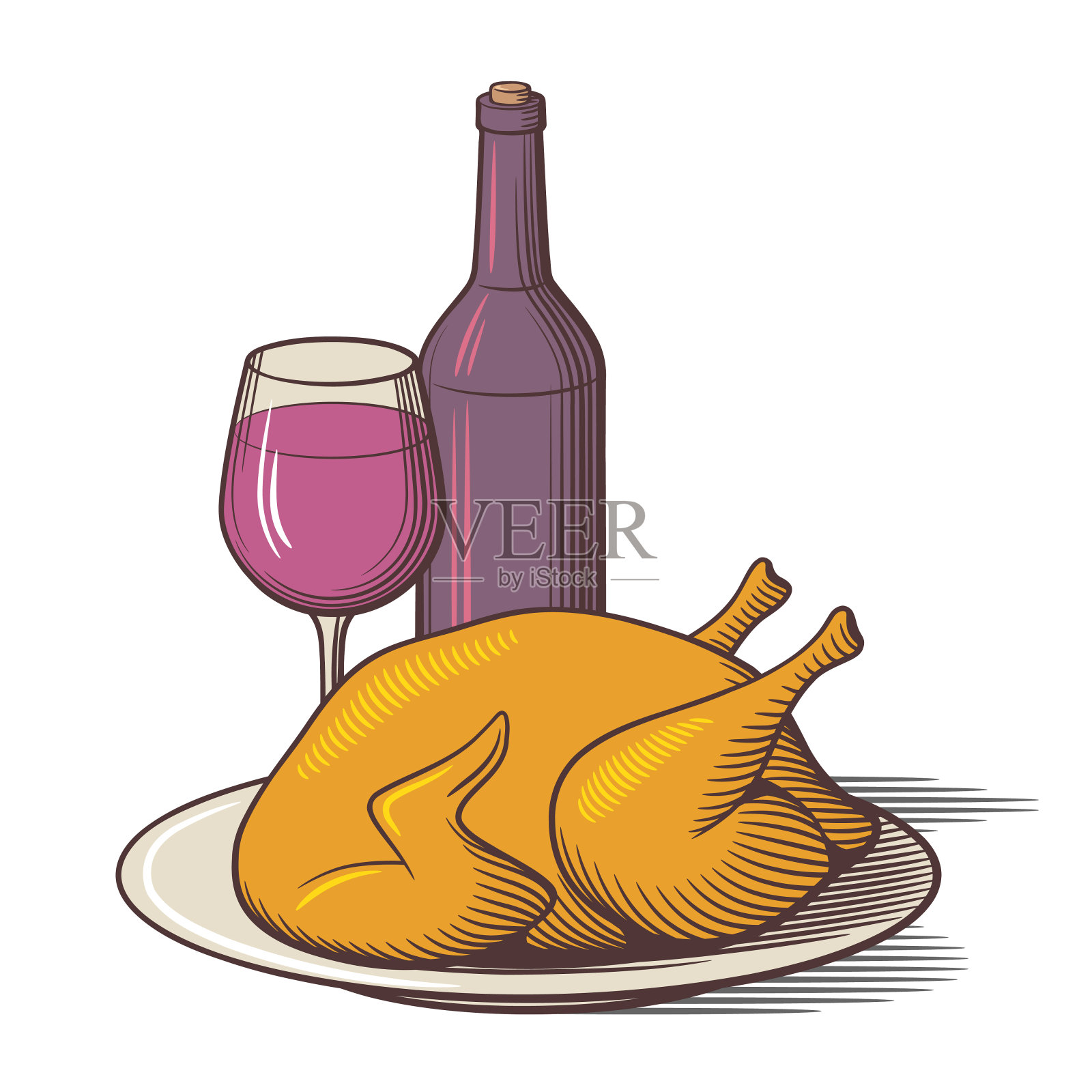 一瓶红酒，酒杯和一盘烤鸡设计元素图片