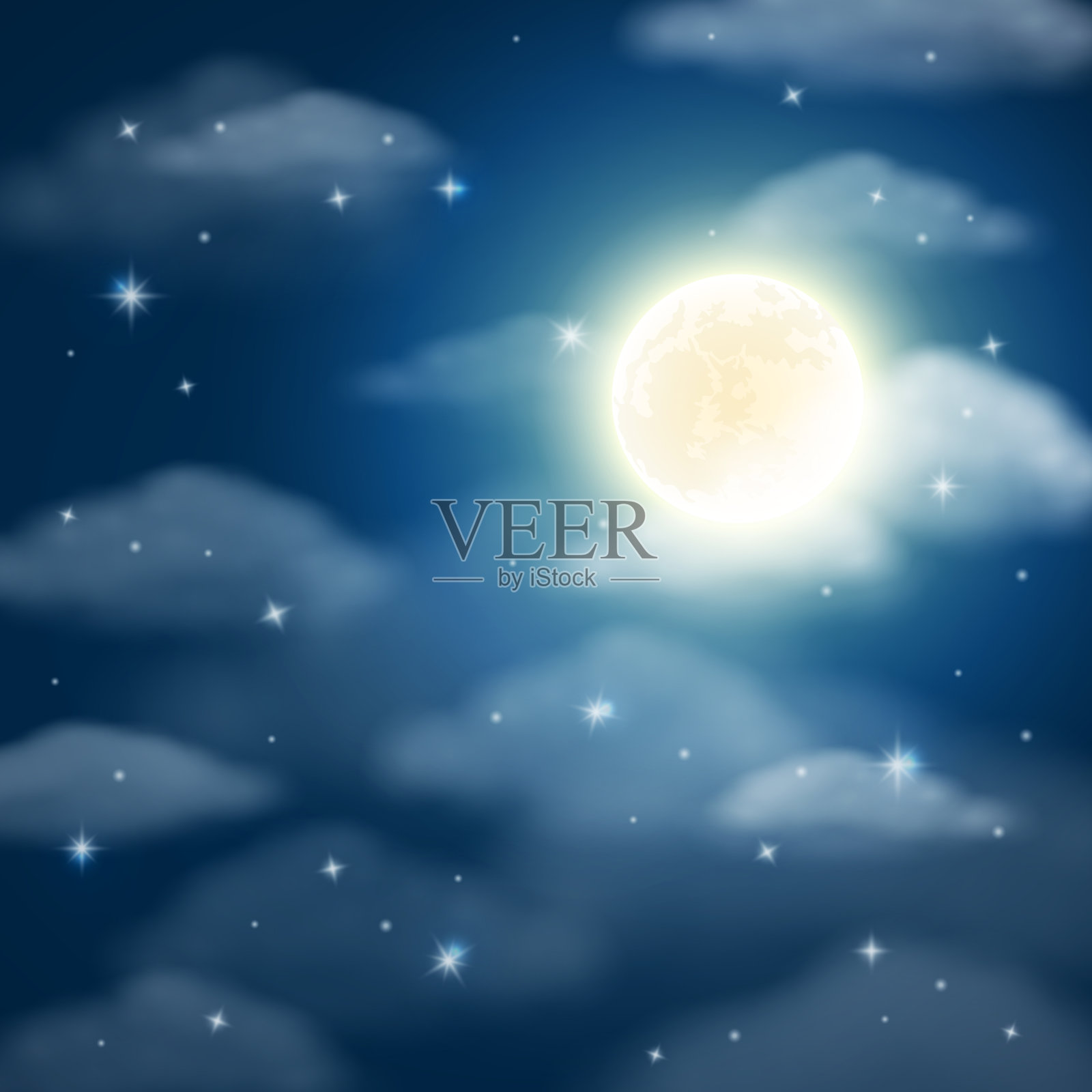 夜晚背景与月亮，星星和云在深蓝色的天空插画图片素材