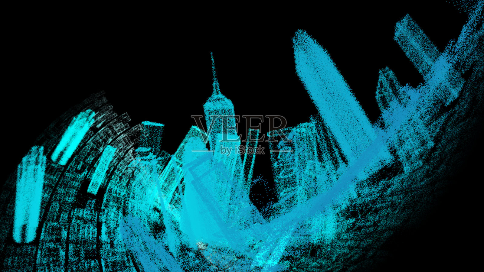 城市模型弯曲，数字颠覆，数字网络智慧城市，摧毁倒塌建筑，霓虹彩色三维城市建筑模型动力能源技术概念。照片摄影图片