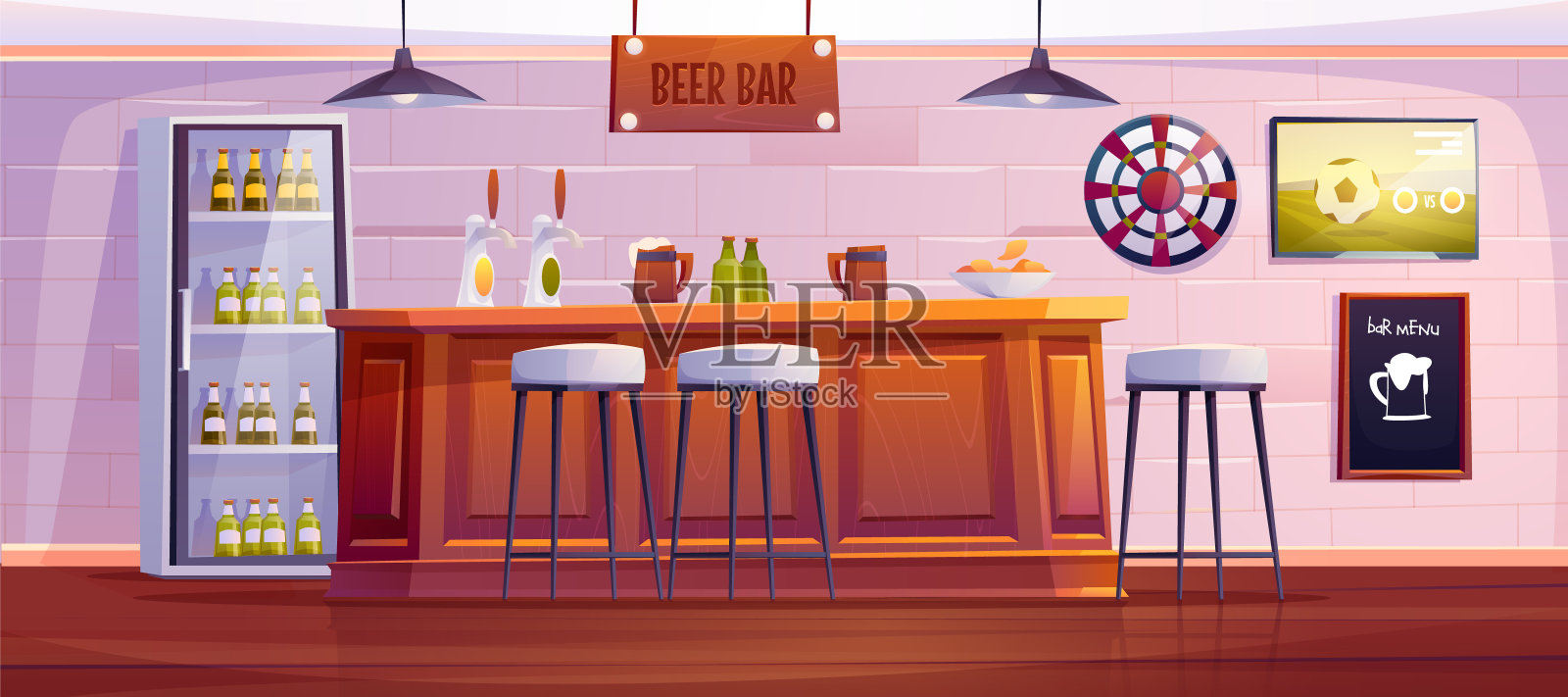 啤酒吧或酒吧，室内空荡荡的，有一张木桌插画图片素材