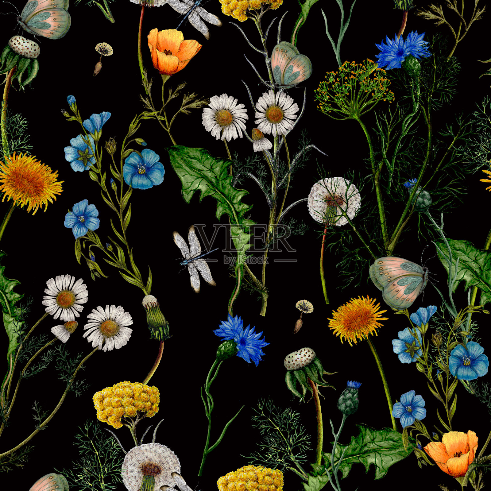水彩无缝手绘野花图案、无缝植物图案、水彩花卉图案插画图片素材