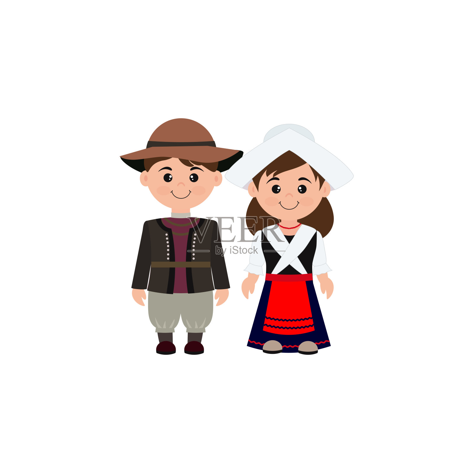 可爱的女孩和男孩穿着民族服装。法国。插画图片素材