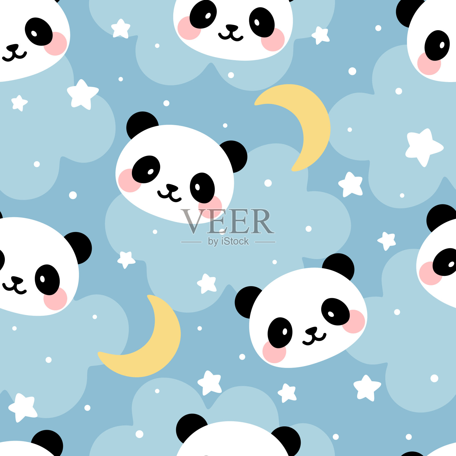 熊猫图案天衣无缝的背景下，可爱的熊猫快乐地在天空中点缀着月亮和星星插画图片素材