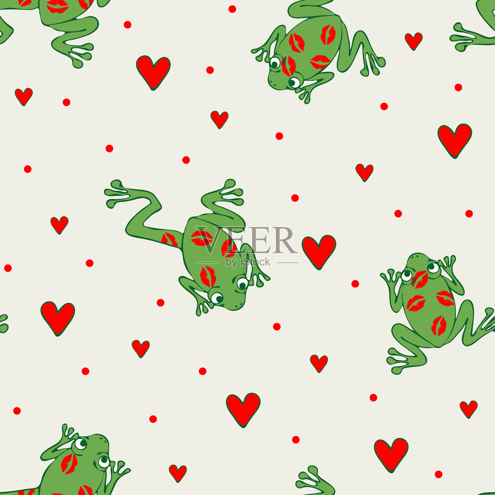 无缝矢量模式与青蛙和爱的hart在白色的背景。情人节亲吻青蛙墙纸设计。插画图片素材