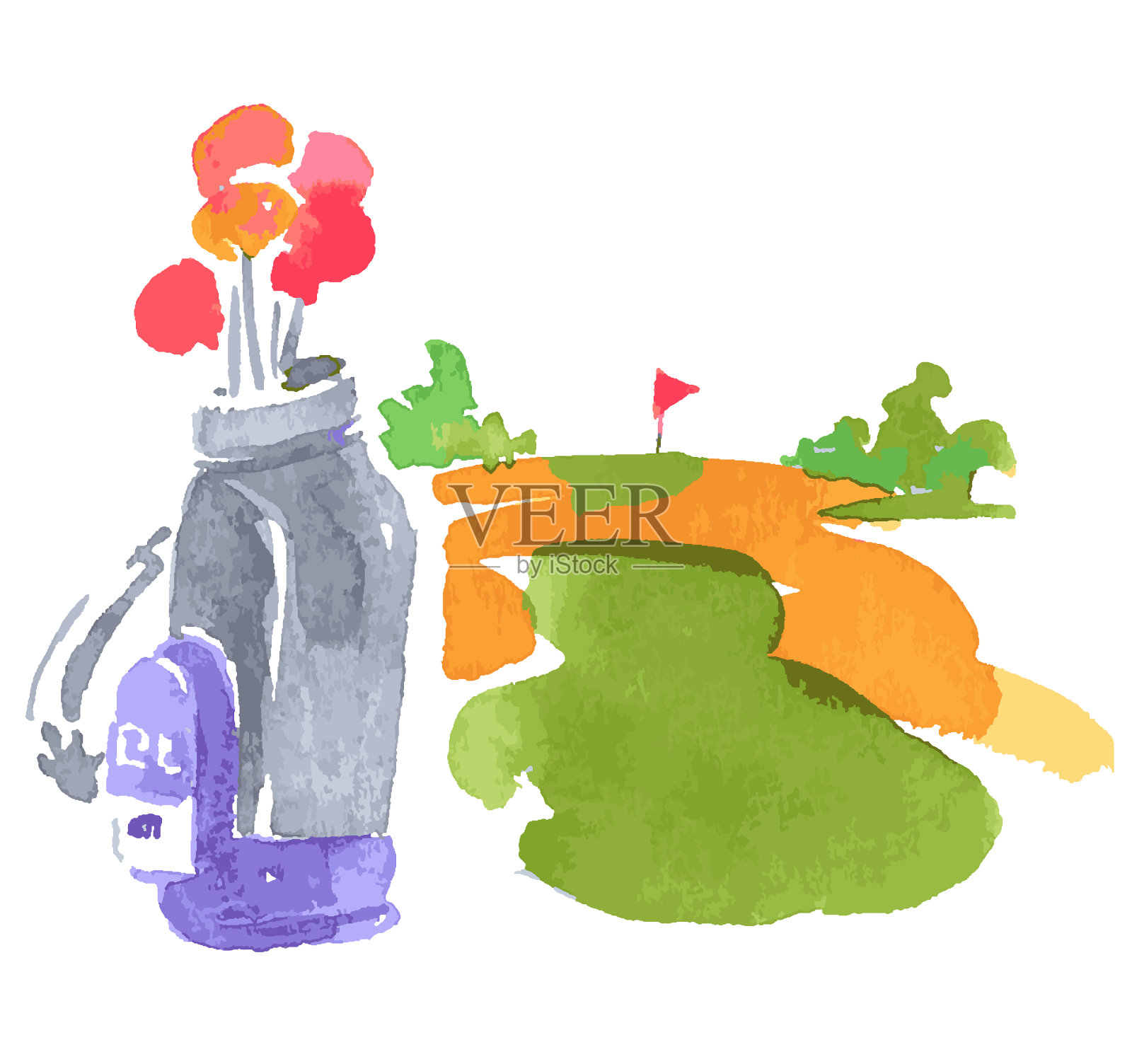 高尔夫球场背景和高尔夫球袋插画图片素材