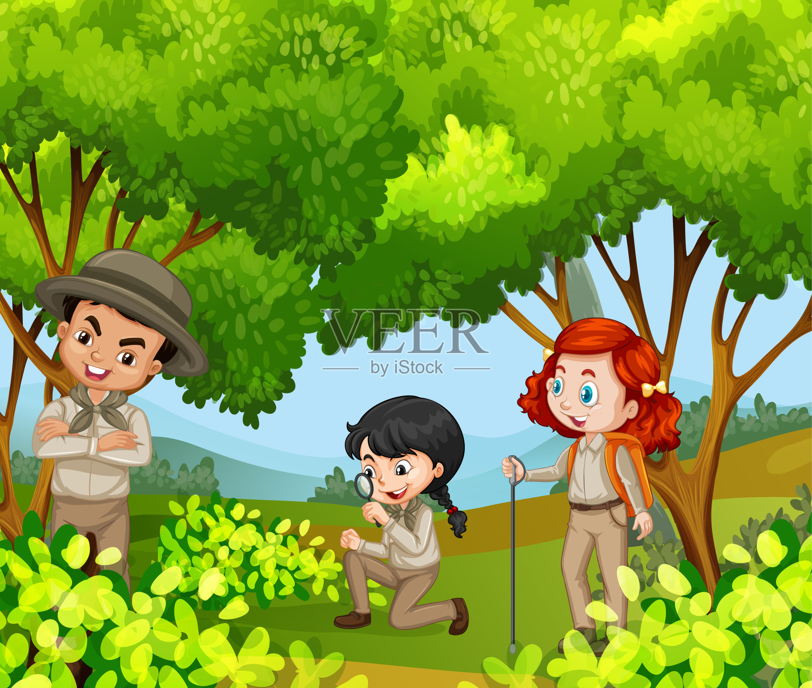 三个孩子在公园里的场景插画图片素材