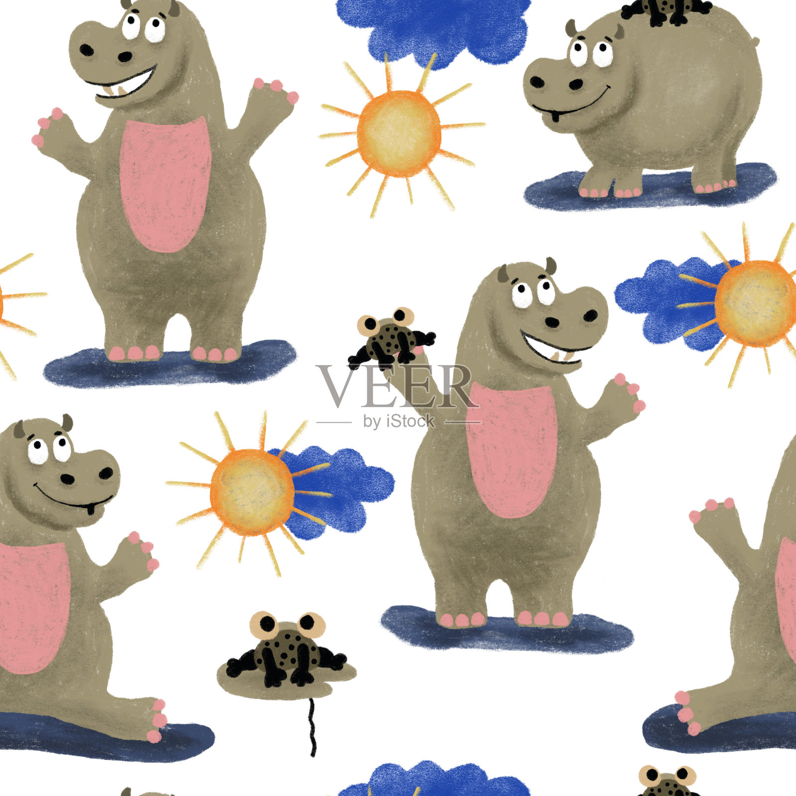 无缝图案插图快乐的河马，青蛙，太阳和云插画图片素材