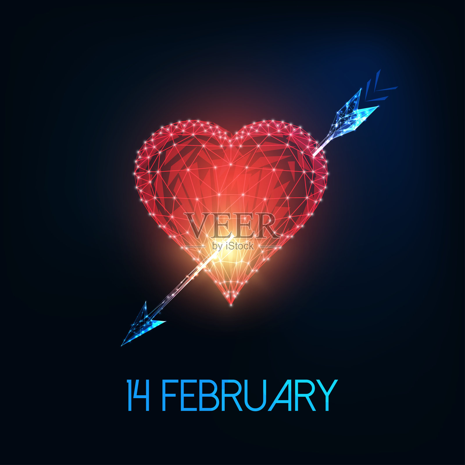 未来情人节贺卡与发光的低多元心，箭头和文本2月14日设计模板素材