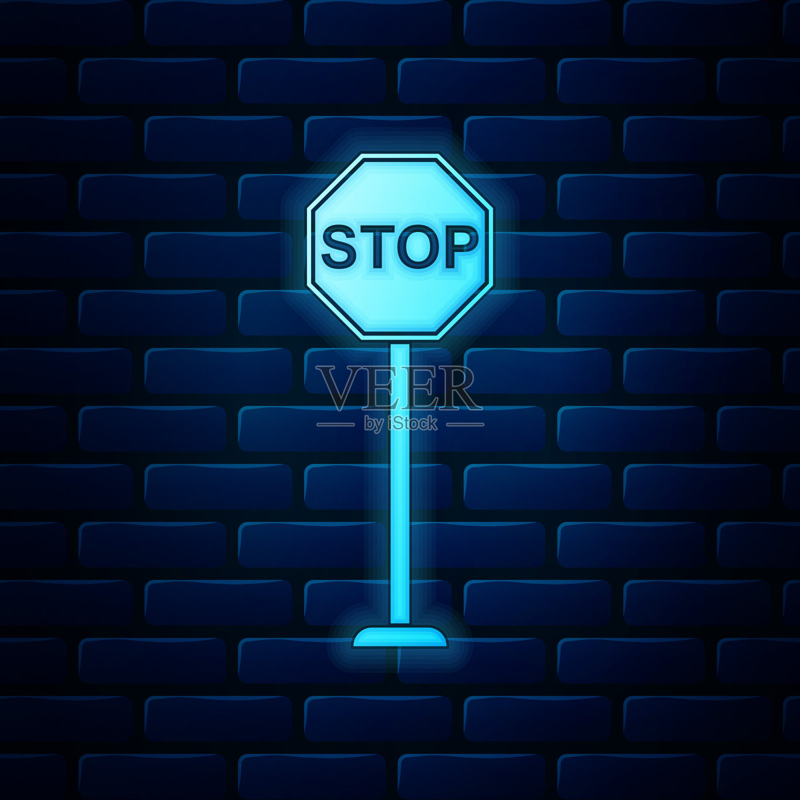 霓虹灯停止图标孤立在砖墙的背景。交通管制警告停车标志。矢量图插画图片素材